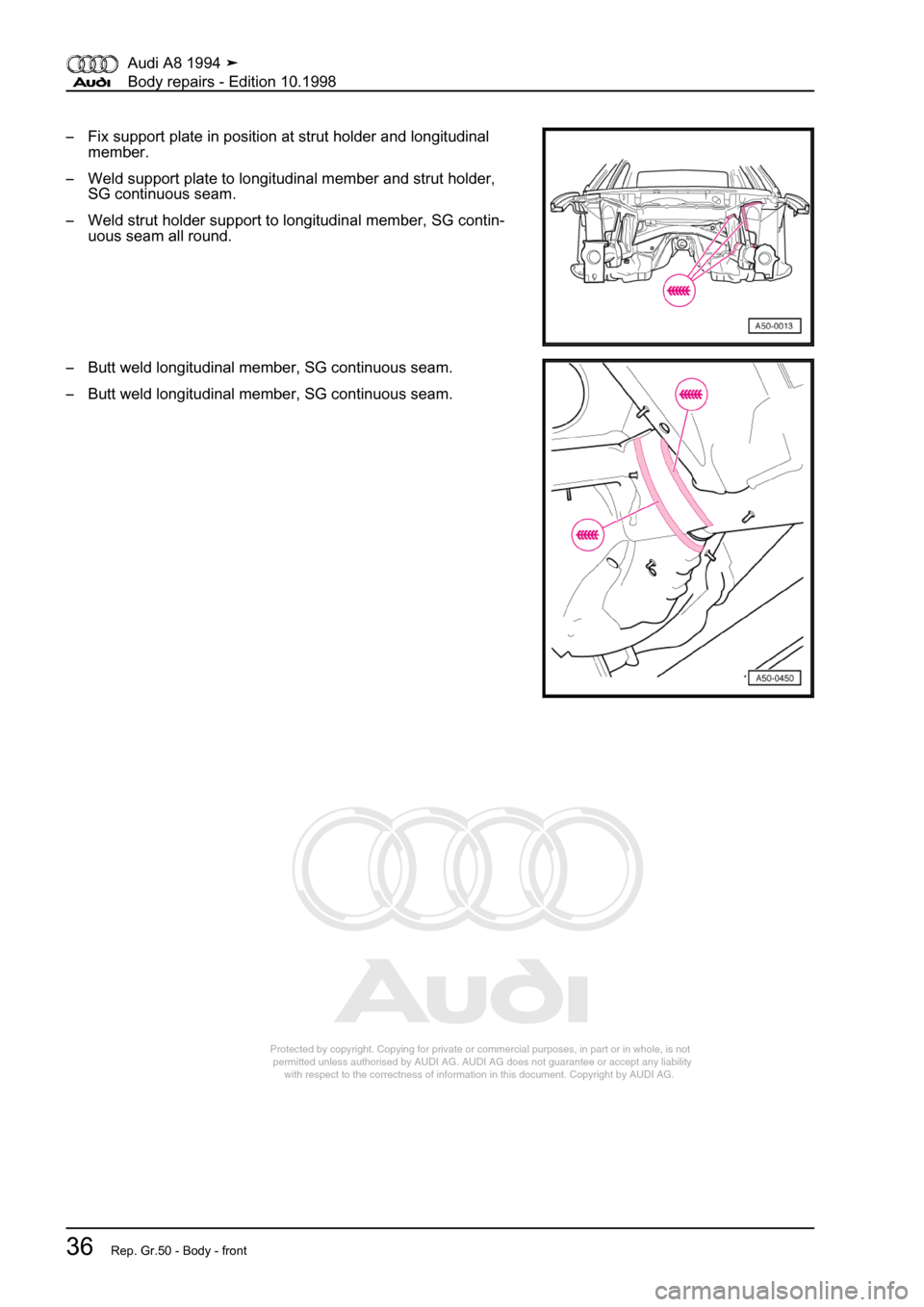 AUDI A8 1994 D4 / 1.G Body Repairs Workshop Manual 
Protected by copyright. Copying for private or commercial purposes, in p\
art or in whole, is not 
 permitted unless authorised by AUDI AG. AUDI AG does not guarantee or a\
ccept any liability 
     