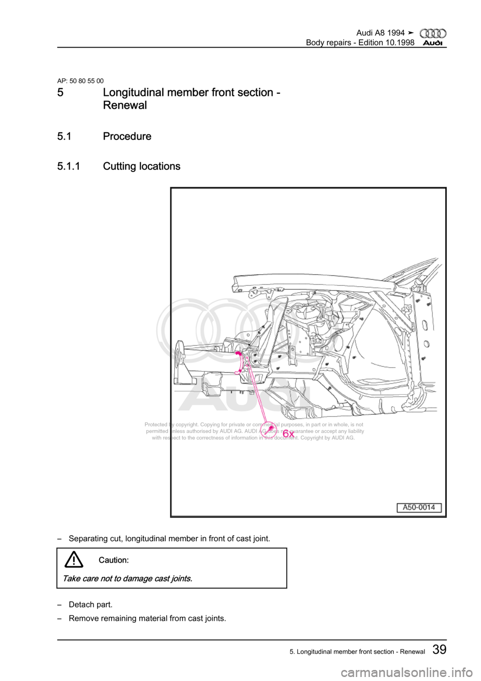AUDI A8 1994 D4 / 1.G Body Repairs Workshop Manual 
Protected by copyright. Copying for private or commercial purposes, in p\
art or in whole, is not 
 permitted unless authorised by AUDI AG. AUDI AG does not guarantee or a\
ccept any liability 
     