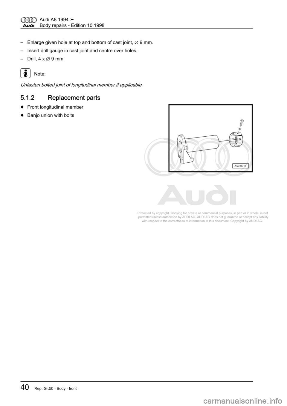 AUDI A8 1994 D4 / 1.G Body Repairs Workshop Manual 
Protected by copyright. Copying for private or commercial purposes, in p\
art or in whole, is not 
 permitted unless authorised by AUDI AG. AUDI AG does not guarantee or a\
ccept any liability 
     