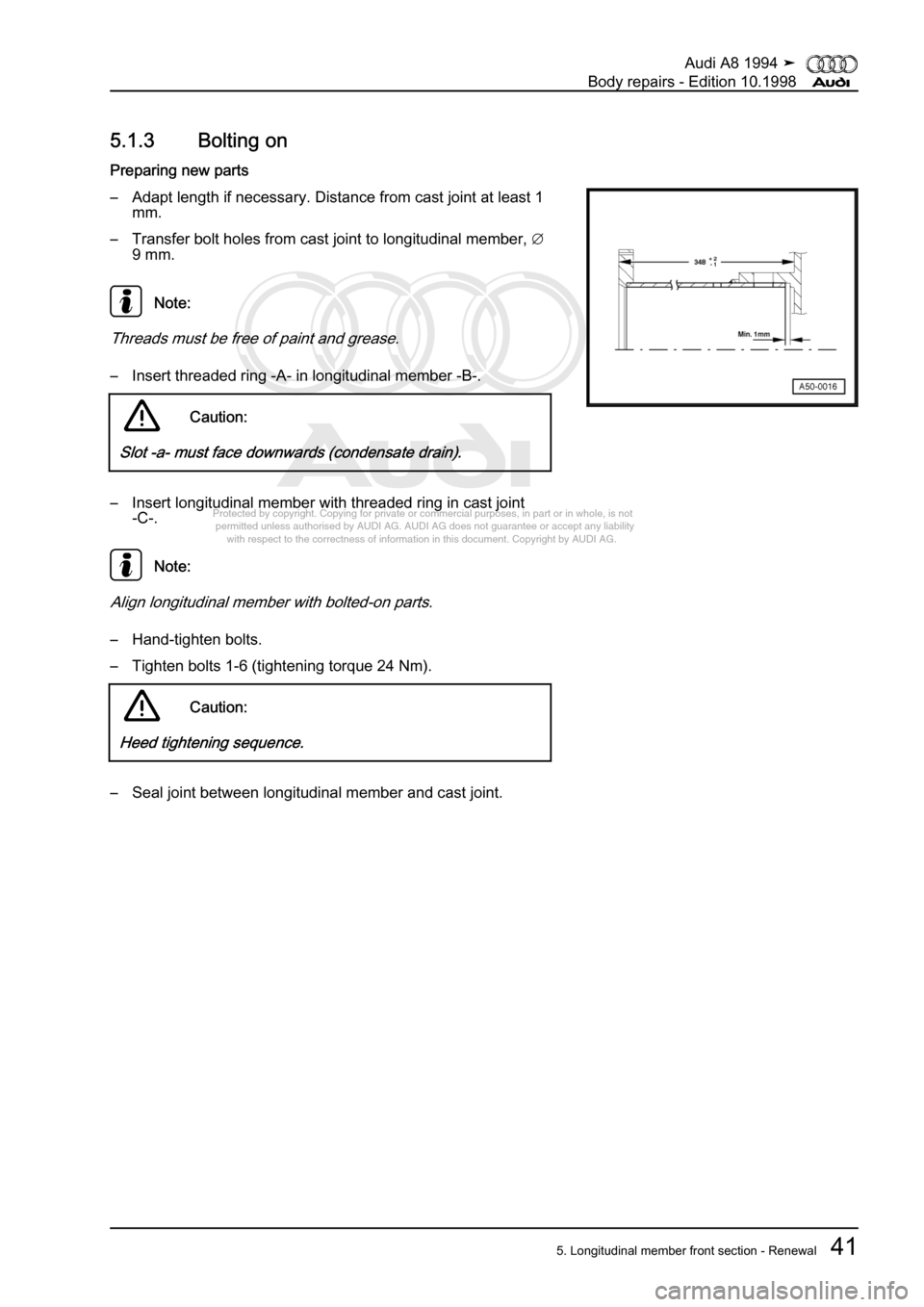 AUDI A8 1994 D4 / 1.G Body Repairs Workshop Manual 
Protected by copyright. Copying for private or commercial purposes, in p\
art or in whole, is not 
 permitted unless authorised by AUDI AG. AUDI AG does not guarantee or a\
ccept any liability 
     