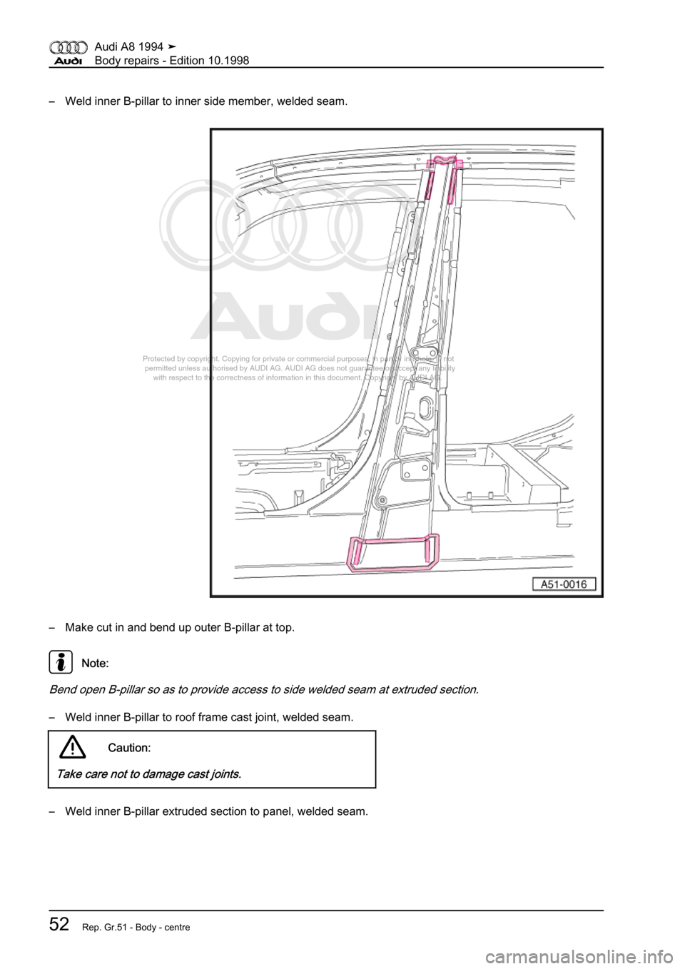 AUDI A8 1994 D4 / 1.G Body Repairs Workshop Manual 
Protected by copyright. Copying for private or commercial purposes, in p\
art or in whole, is not 
 permitted unless authorised by AUDI AG. AUDI AG does not guarantee or a\
ccept any liability 
     