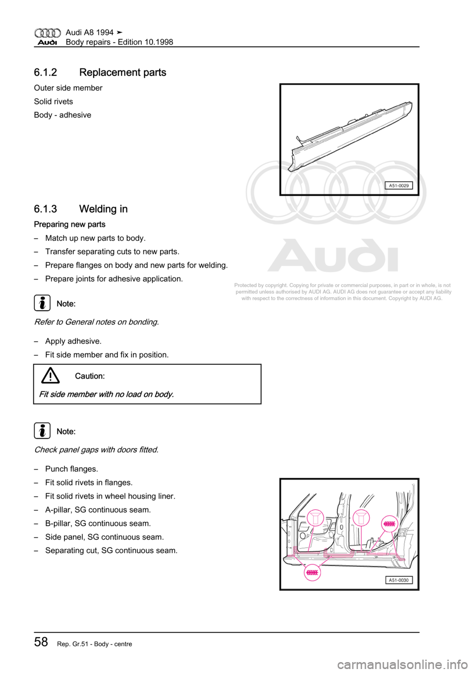 AUDI A8 1994 D4 / 1.G Body Repairs Workshop Manual 
Protected by copyright. Copying for private or commercial purposes, in p\
art or in whole, is not 
 permitted unless authorised by AUDI AG. AUDI AG does not guarantee or a\
ccept any liability 
     