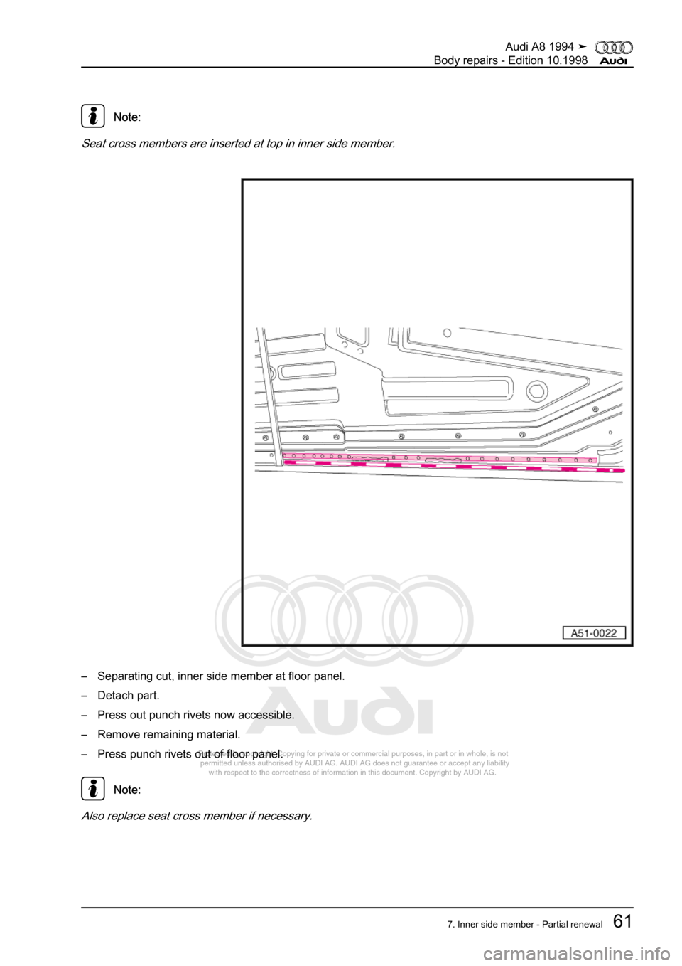 AUDI A8 1994 D4 / 1.G Body Repairs Workshop Manual 
Protected by copyright. Copying for private or commercial purposes, in p\
art or in whole, is not 
 permitted unless authorised by AUDI AG. AUDI AG does not guarantee or a\
ccept any liability 
     