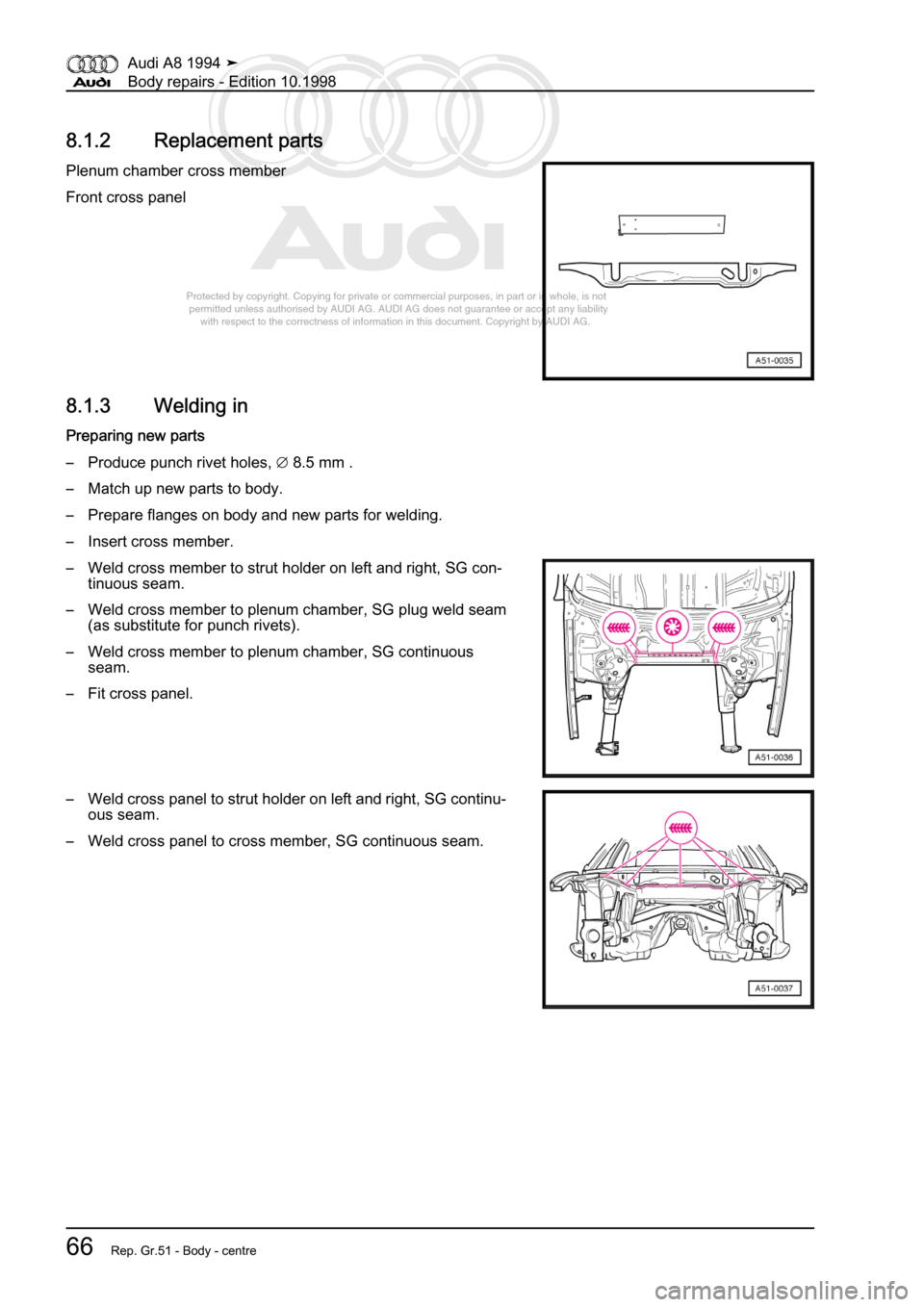 AUDI A8 1994 D4 / 1.G Body Repairs Workshop Manual 
Protected by copyright. Copying for private or commercial purposes, in p\
art or in whole, is not 
 permitted unless authorised by AUDI AG. AUDI AG does not guarantee or a\
ccept any liability 
     