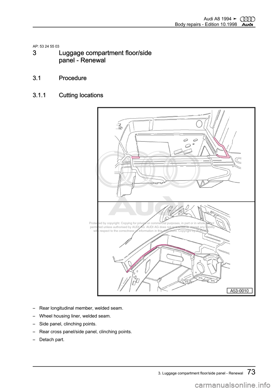 AUDI A8 1994 D4 / 1.G Body Repairs Workshop Manual 
Protected by copyright. Copying for private or commercial purposes, in p\
art or in whole, is not 
 permitted unless authorised by AUDI AG. AUDI AG does not guarantee or a\
ccept any liability 
     