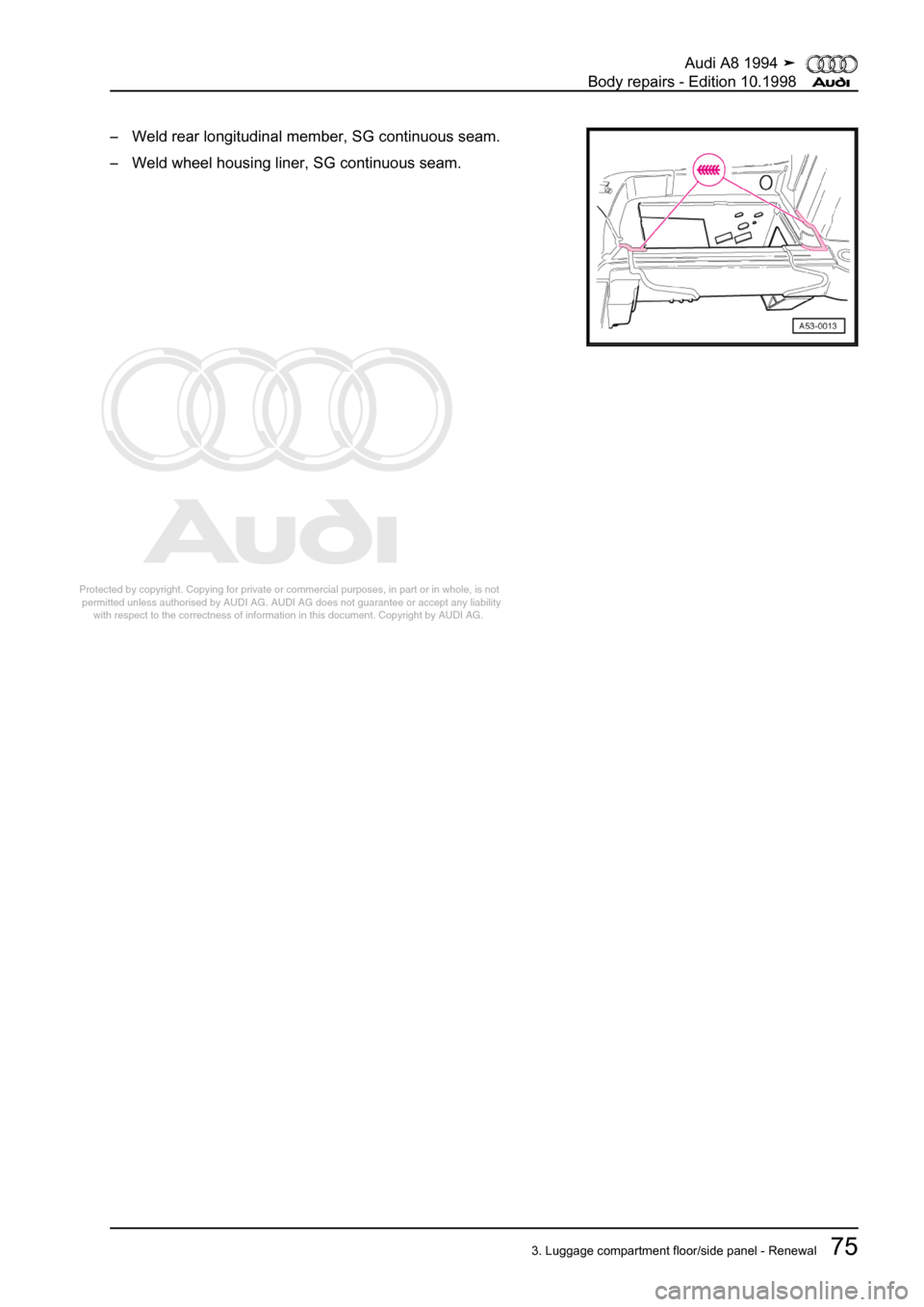 AUDI A8 1994 D4 / 1.G Body Repairs Workshop Manual 
Protected by copyright. Copying for private or commercial purposes, in p\
art or in whole, is not 
 permitted unless authorised by AUDI AG. AUDI AG does not guarantee or a\
ccept any liability 
     