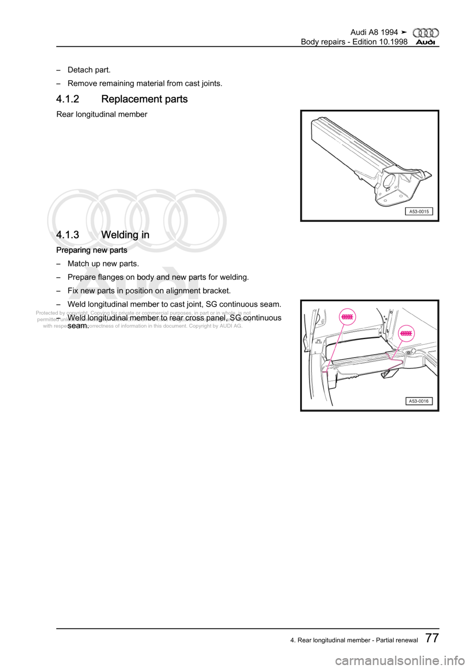 AUDI A8 1994 D4 / 1.G Body Repairs Workshop Manual 
Protected by copyright. Copying for private or commercial purposes, in p\
art or in whole, is not 
 permitted unless authorised by AUDI AG. AUDI AG does not guarantee or a\
ccept any liability 
     