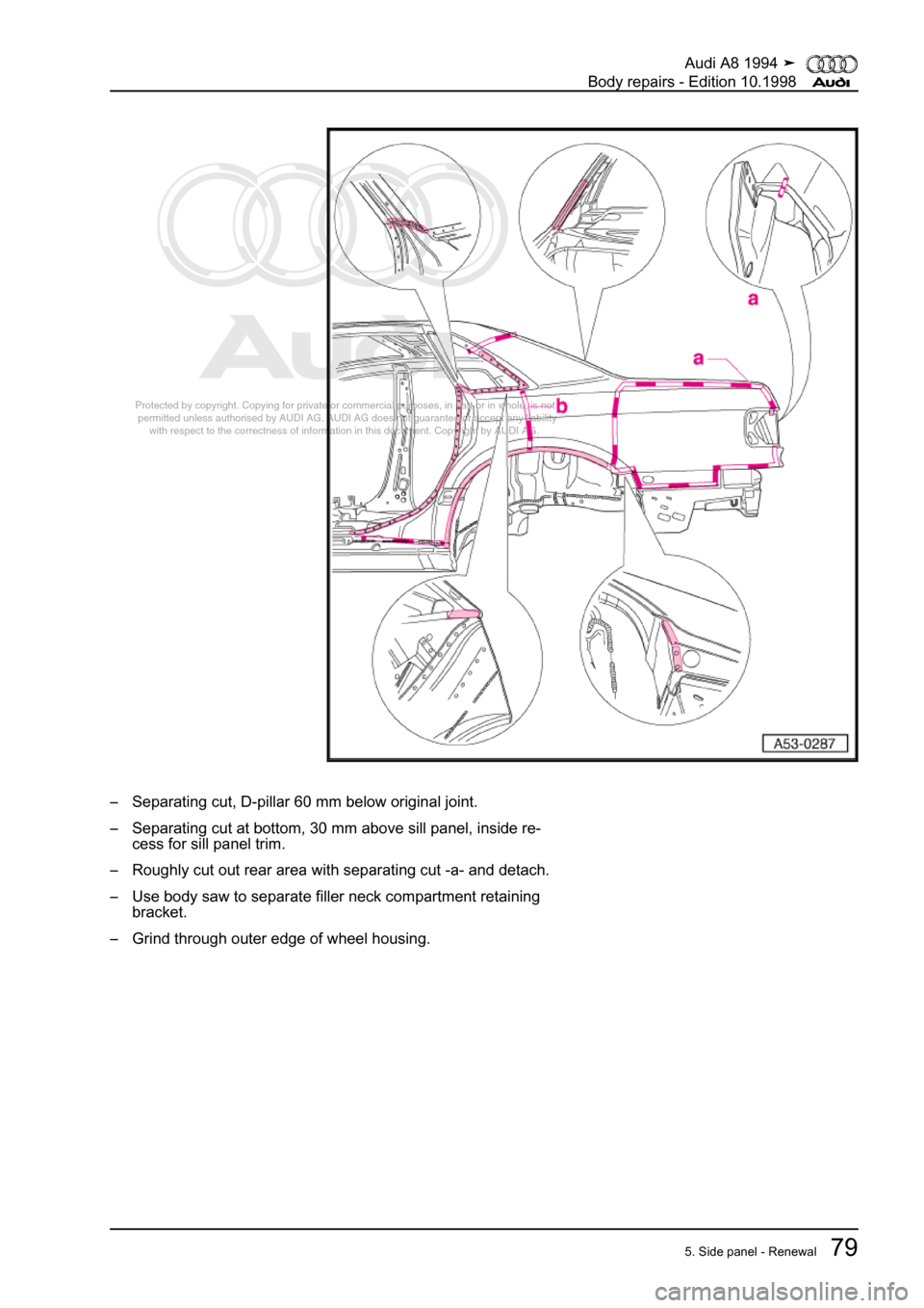 AUDI A8 1994 D4 / 1.G Body Repairs Workshop Manual 
Protected by copyright. Copying for private or commercial purposes, in p\
art or in whole, is not 
 permitted unless authorised by AUDI AG. AUDI AG does not guarantee or a\
ccept any liability 
     