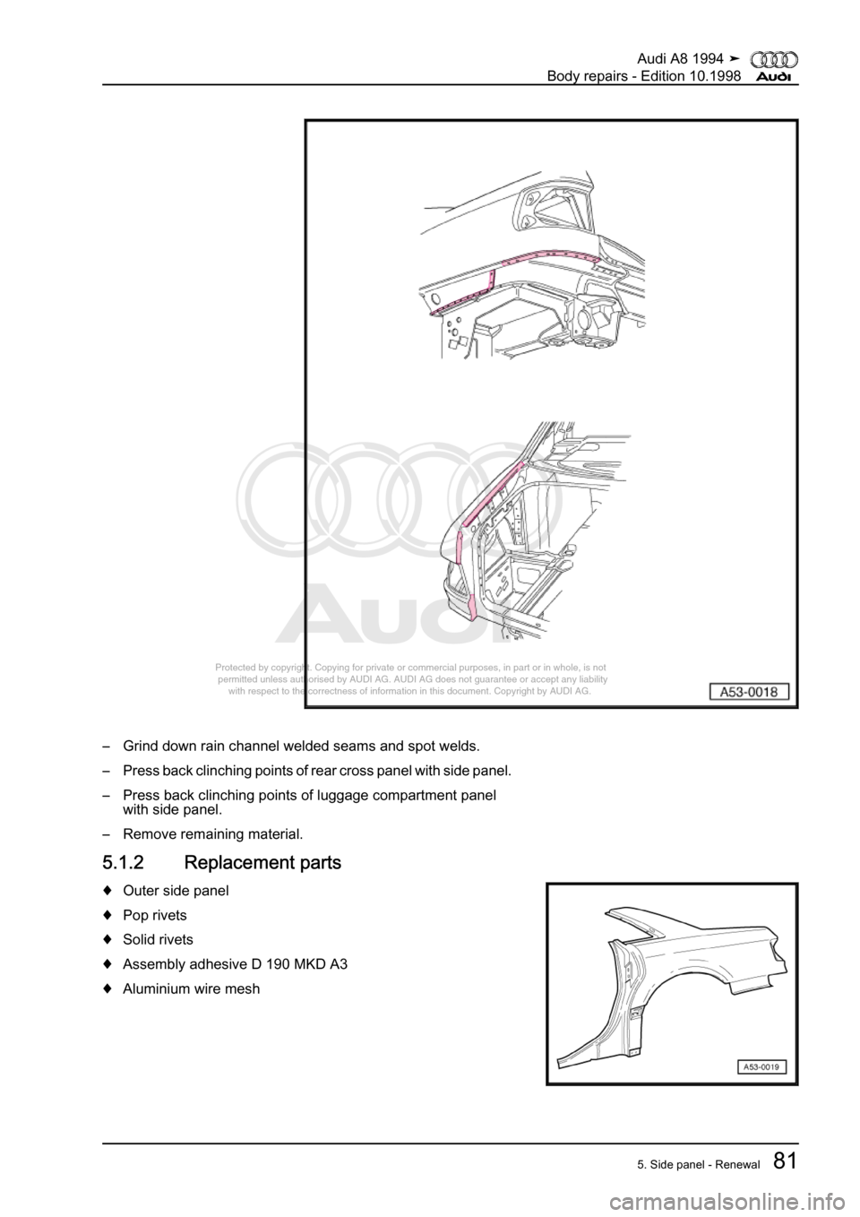 AUDI A8 1994 D4 / 1.G Body Repairs Workshop Manual 
Protected by copyright. Copying for private or commercial purposes, in p\
art or in whole, is not 
 permitted unless authorised by AUDI AG. AUDI AG does not guarantee or a\
ccept any liability 
     