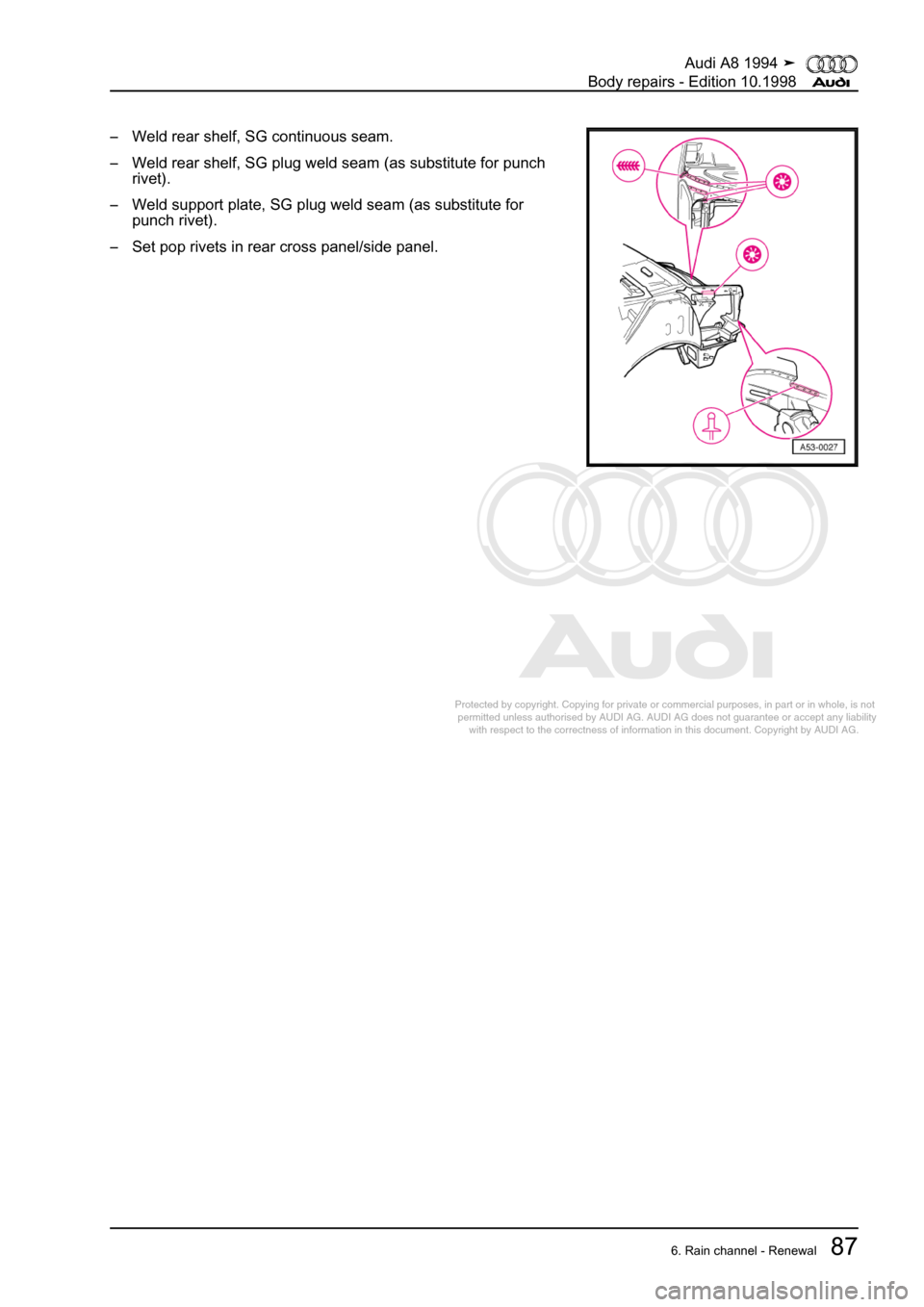AUDI A8 1994 D4 / 1.G Body Repairs Workshop Manual 
Protected by copyright. Copying for private or commercial purposes, in p\
art or in whole, is not 
 permitted unless authorised by AUDI AG. AUDI AG does not guarantee or a\
ccept any liability 
     