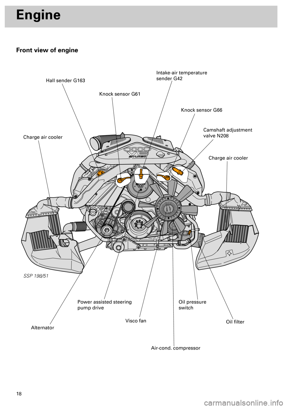 AUDI S4 1998 B5 / 1.G Engine Manual  
18 
Front view of engine 
SSP 198/51
 
Engine  
Camshaft adjustment 
valve N208
Knock sensor G66
Intake-air temperature 
sender G42
Knock sensor G61
Hall sender G163
Charge air cooler
Charge air coo