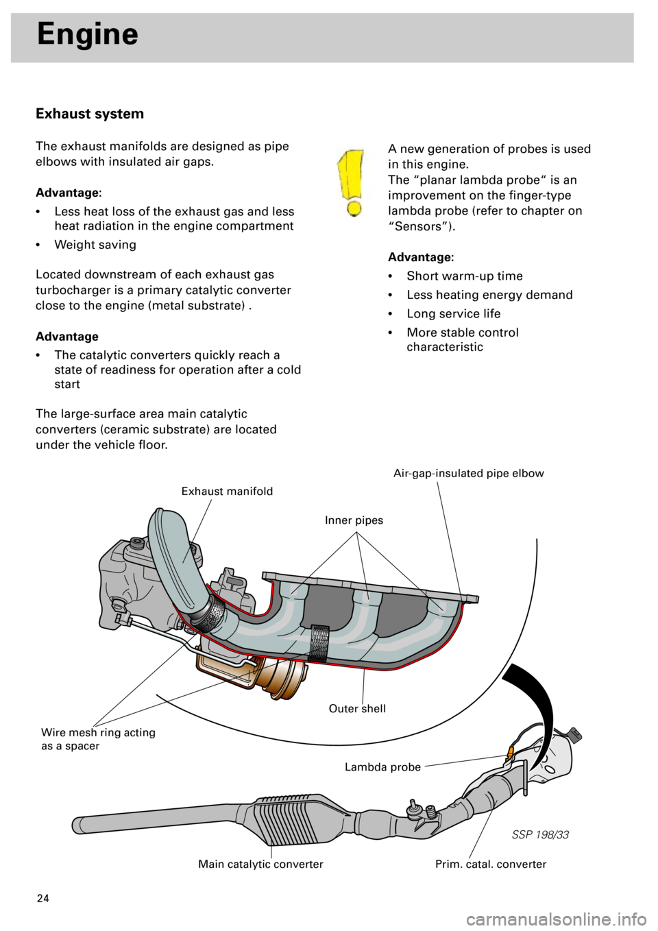AUDI S4 1998 B5 / 1.G Engine Manual
24
SSP 198/33
Engine
A new generation of probes is used
in this engine.
The “planar lambda probe“ is an
improvement on the finger-type
lambda probe (refer to chapter on
“Sensors”). AUDI S4 1998 B5 / 1.G Engine Manual
24
SSP 198/33
Engine
A new generation of probes is used
in this engine.
The “planar lambda probe“ is an
improvement on the finger-type
lambda probe (refer to chapter on
“Sensors”).