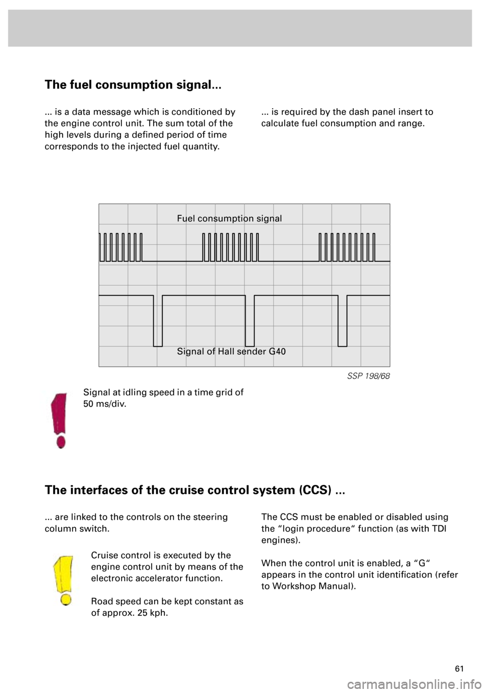 AUDI S4 1998 B5 / 1.G Engine Manual 61
The fuel consumption signal...
... is a data message which is conditioned by 
the engine control unit. The sum total of the 
high levels during a deﬁned period of time 
corresponds to the injecte