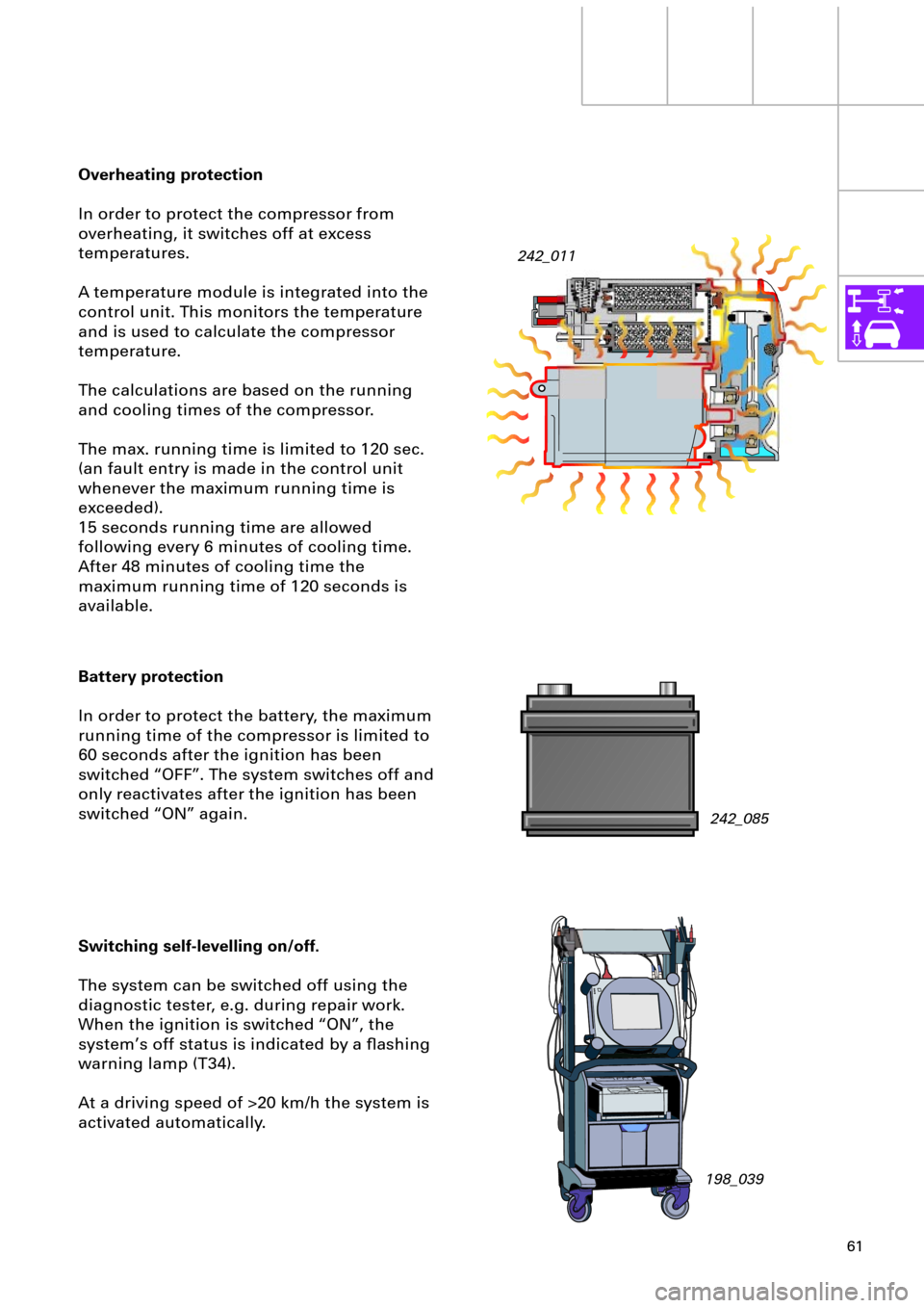 AUDI A6 ALLROAD 1999 C5 / 2.G Pneumatic Suspension System 61
Overheating protection
In order to protect the compressor from 
overheating, it switches off at excess 
temperatures.
A temperature module is integrated into the 
control unit. This monitors the te