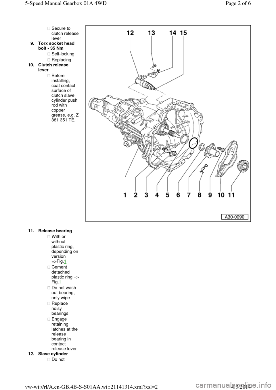 AUDI A6 2000 C5 / 2.G Changing Clutch 5Speed Manual Gearbox ◆ Secure to clutch release lever  
9.Torx socket head 
bolt - 35 Nm 
◆ Self-locking  
◆ Replacing  
10.Clutch release 
lever 
◆ Before 
installing, 
coat contact 
surface of 
clutch slave 
cyl