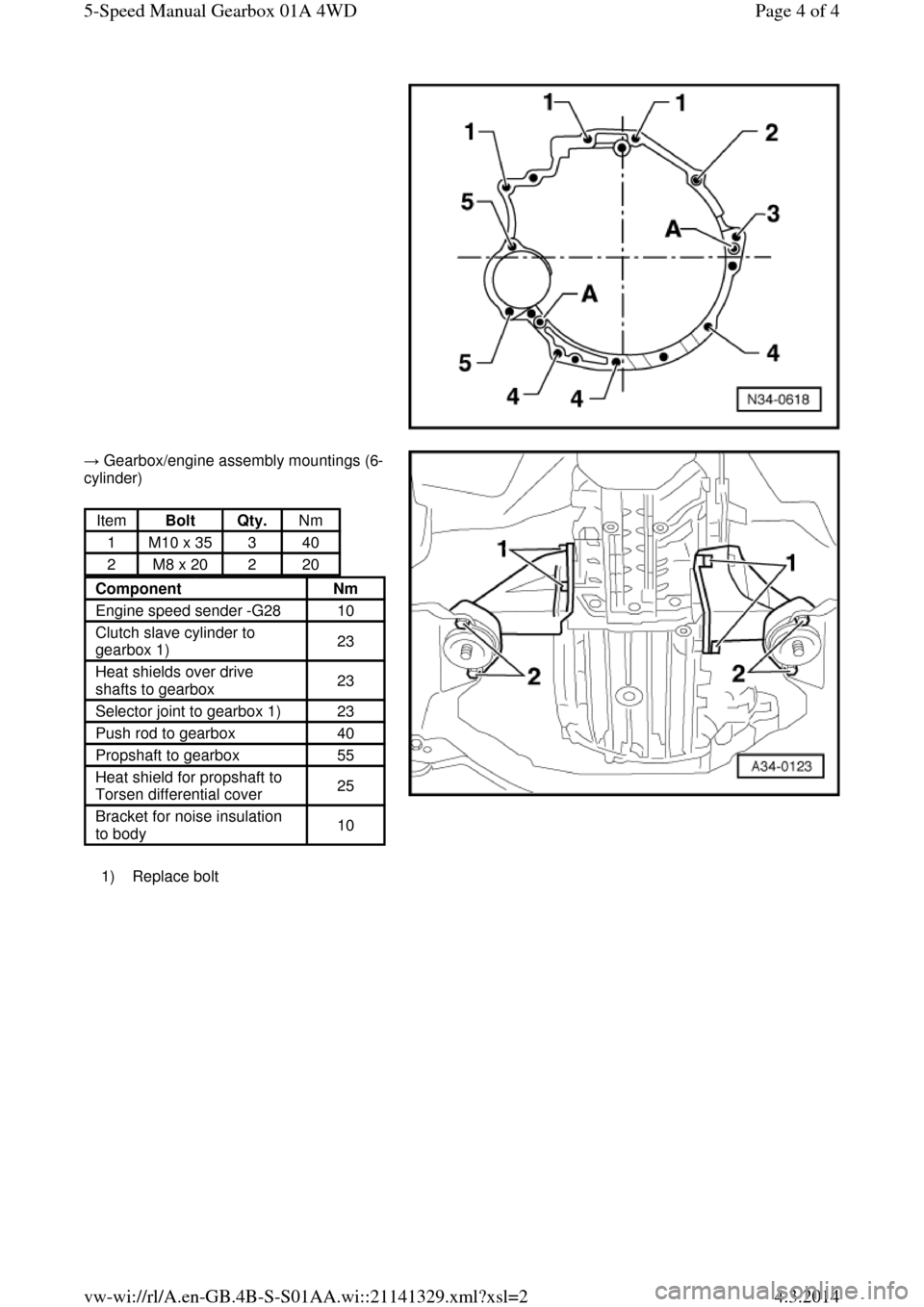 AUDI A6 2000 C5 / 2.G Changing Clutch 5Speed Manual Gearbox  → Gearbox/engine assembly mountings (6-
cylinder)     1)    Replace bolt Item Bolt Qty. Nm 
1 M10 x 35 3 40 
2 M8 x 20 2 20 Component Nm 
Engine speed sender -G28 10 
Clutch slave cylinder to 
gear