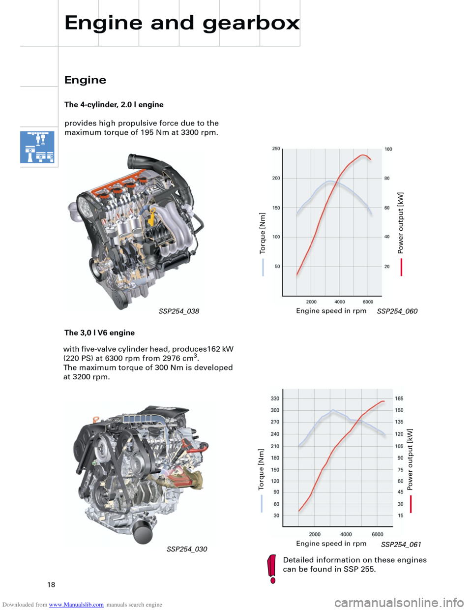 AUDI A4 2001 B5 / 1.G Technical Features Design And Function Downloaded from www.Manualslib.com manuals search engine  
18 
Engine and gearbox 
with ﬁve-valve cylinder head, produces162 kW 
(220 PS) at 6300 rpm from 2976 cm 
3
 
.
The maximum torque of 300 Nm