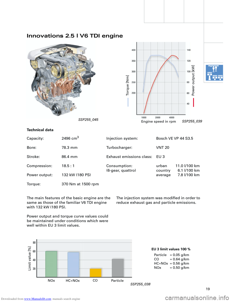 AUDI A4 2001 B5 / 1.G Technical Features Design And Function Downloaded from www.Manualslib.com manuals search engine  
19 
The injection system was modiﬁed in order to 
reduce exhaust gas and particle emissions. The main features of the basic engine are the 