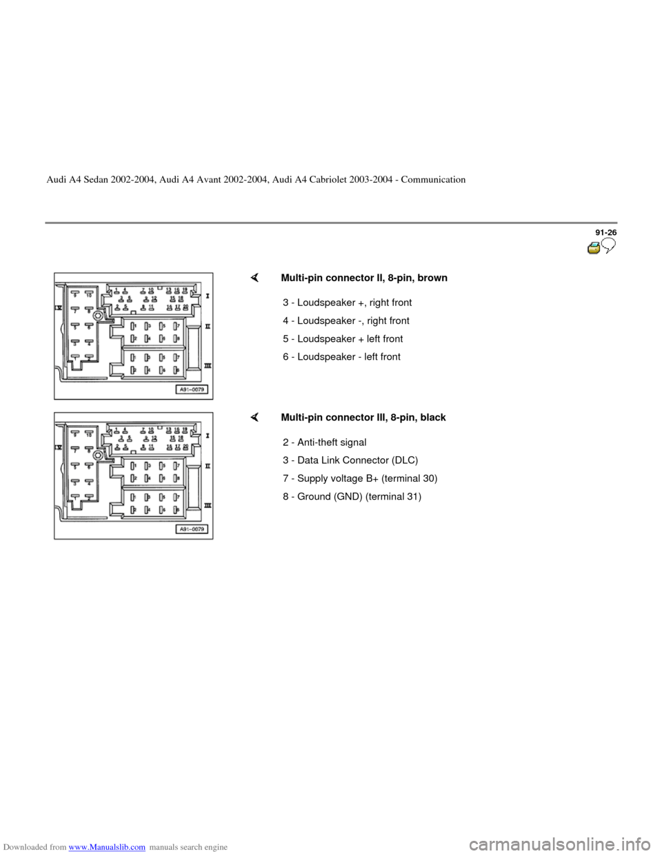 AUDI A4 2002 B5 / 1.G Radio System General Information Downloaded from www.Manualslib.com manuals search engine 91-26
 
    
Multi-pin connector II, 8-pin, brown 
3 - Loudspeaker +, right front
4 - Loudspeaker -, right front 
5 - Loudspeaker + left front 