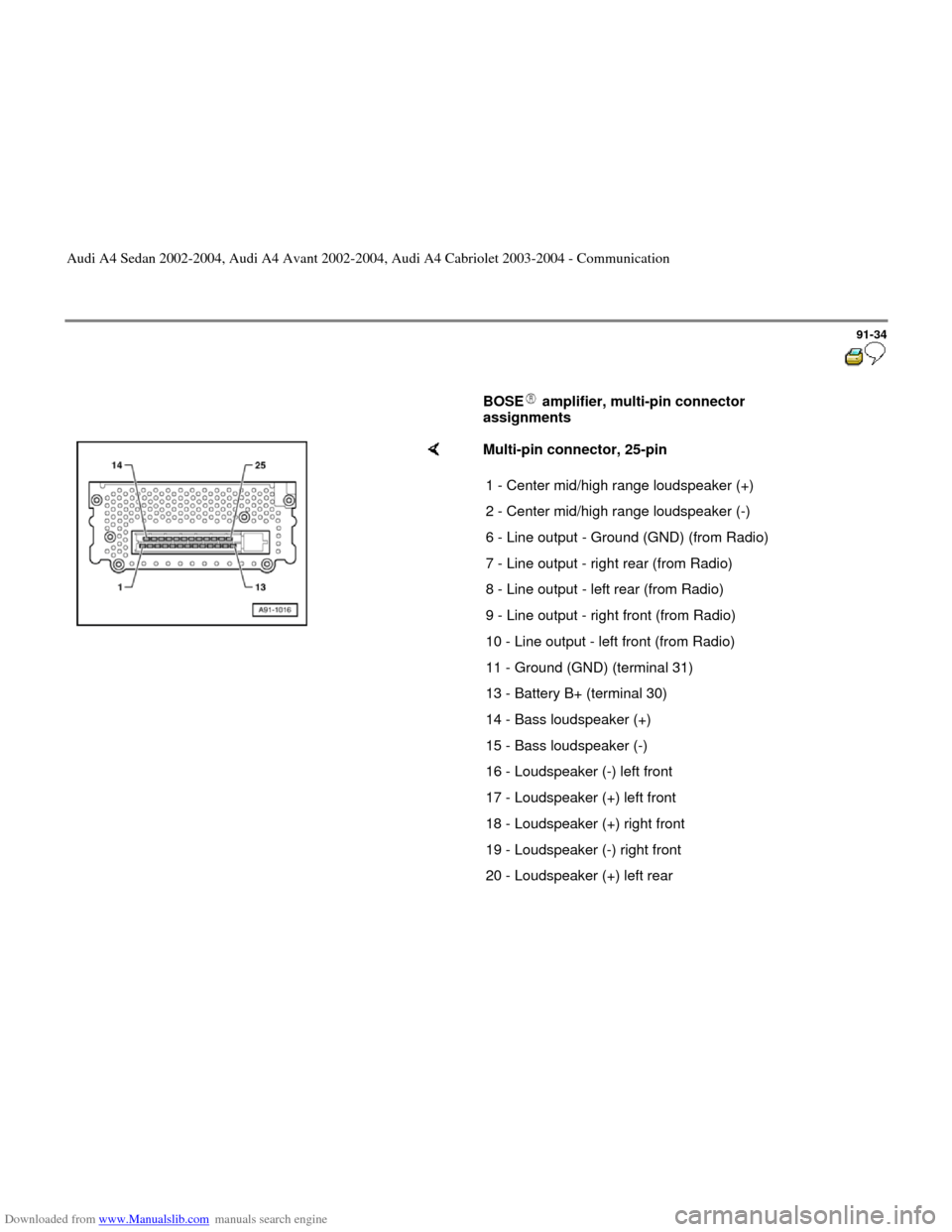AUDI A4 2002 B5 / 1.G Radio System General Information Downloaded from www.Manualslib.com manuals search engine 91-34
      
BOSE  amplifier, multi-pin connector 
assignments  
    
Multi-pin connector, 25-pin 
1 - Center mid/high range loudspeaker (+)
2 