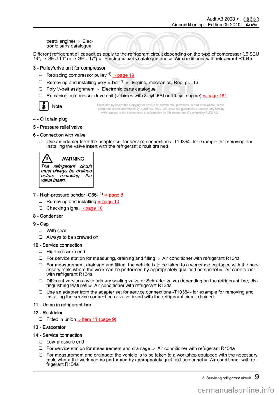 AUDI A8 2003 D3 / 2.G Air Condition Workshop Manual 
Protected by copyright. Copying for private or commercial purposes, in p\
art or in whole, is not 
 permitted unless authorised by AUDI AG. AUDI AG does not guarantee or a\
ccept any liability 
     