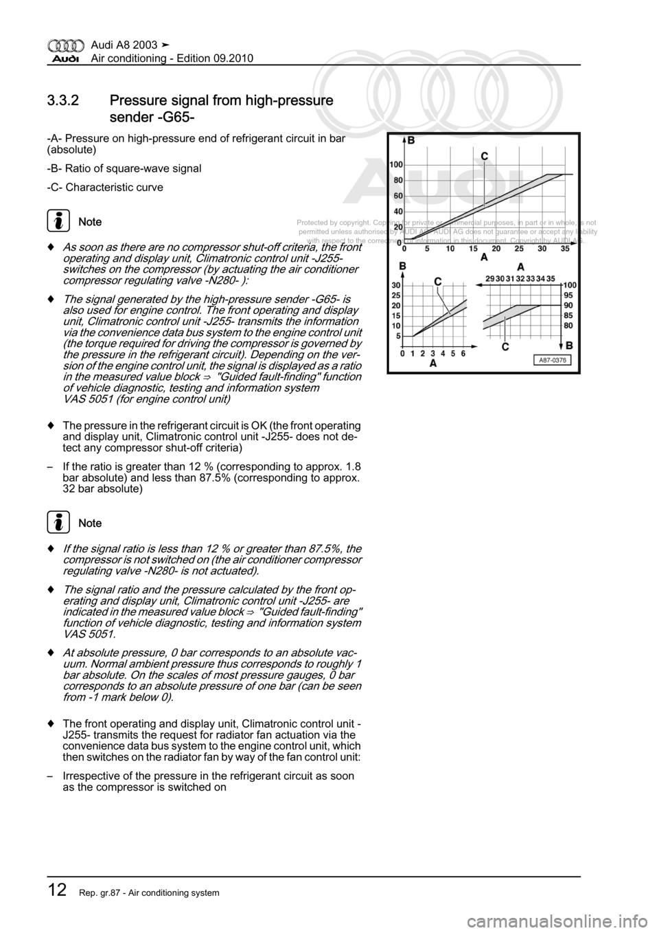 AUDI A8 2003 D3 / 2.G Air Condition Workshop Manual 
Protected by copyright. Copying for private or commercial purposes, in p\
art or in whole, is not 
 permitted unless authorised by AUDI AG. AUDI AG does not guarantee or a\
ccept any liability 
     