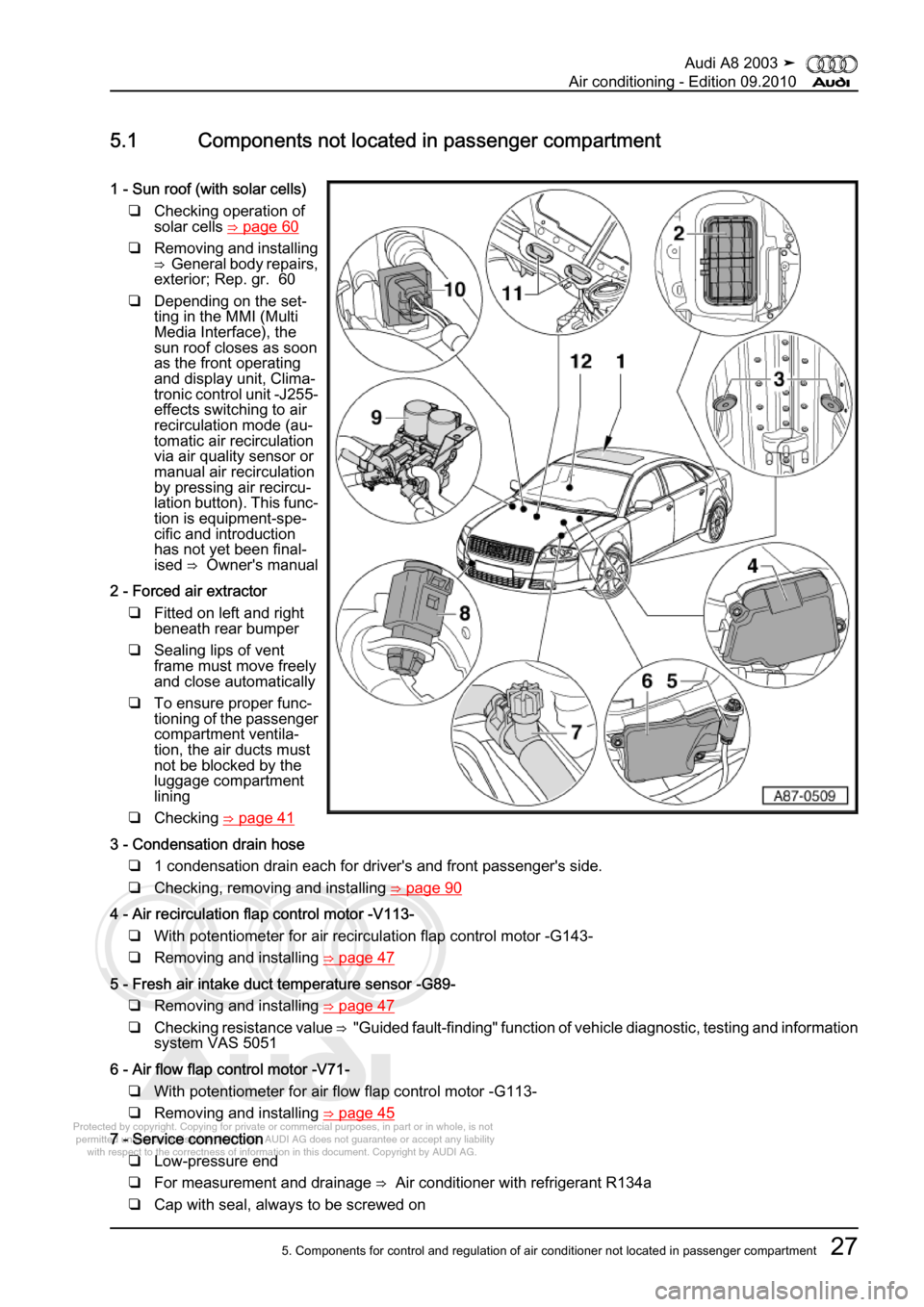 AUDI A8 2003 D3 / 2.G Air Condition Workshop Manual 
Protected by copyright. Copying for private or commercial purposes, in p\
art or in whole, is not 
 permitted unless authorised by AUDI AG. AUDI AG does not guarantee or a\
ccept any liability 
     