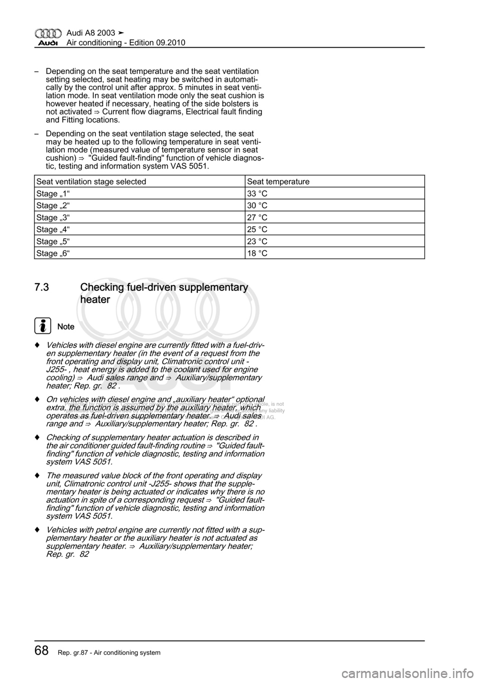 AUDI A8 2003 D3 / 2.G Air Condition Workshop Manual 
Protected by copyright. Copying for private or commercial purposes, in p\
art or in whole, is not 
 permitted unless authorised by AUDI AG. AUDI AG does not guarantee or a\
ccept any liability 
     