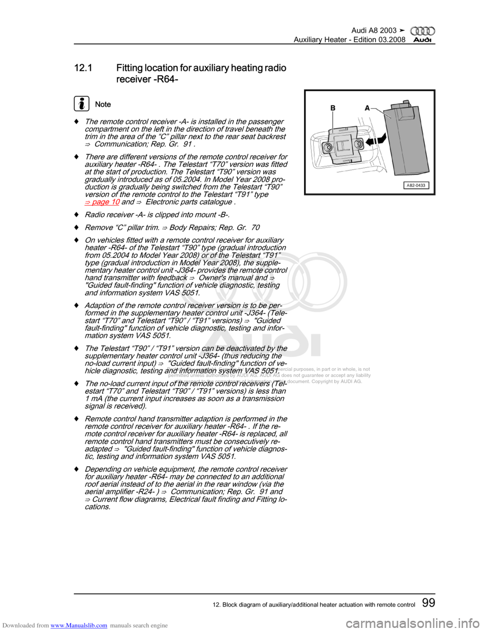 AUDI A8 2003 D3 / 2.G Auxiliary Heater Workshop Manual Downloaded from www.Manualslib.com manuals search engine 
Protected by copyright. Copying for private or commercial purposes, in p\
art or in whole, is not 
 permitted unless authorised by AUDI AG. AU