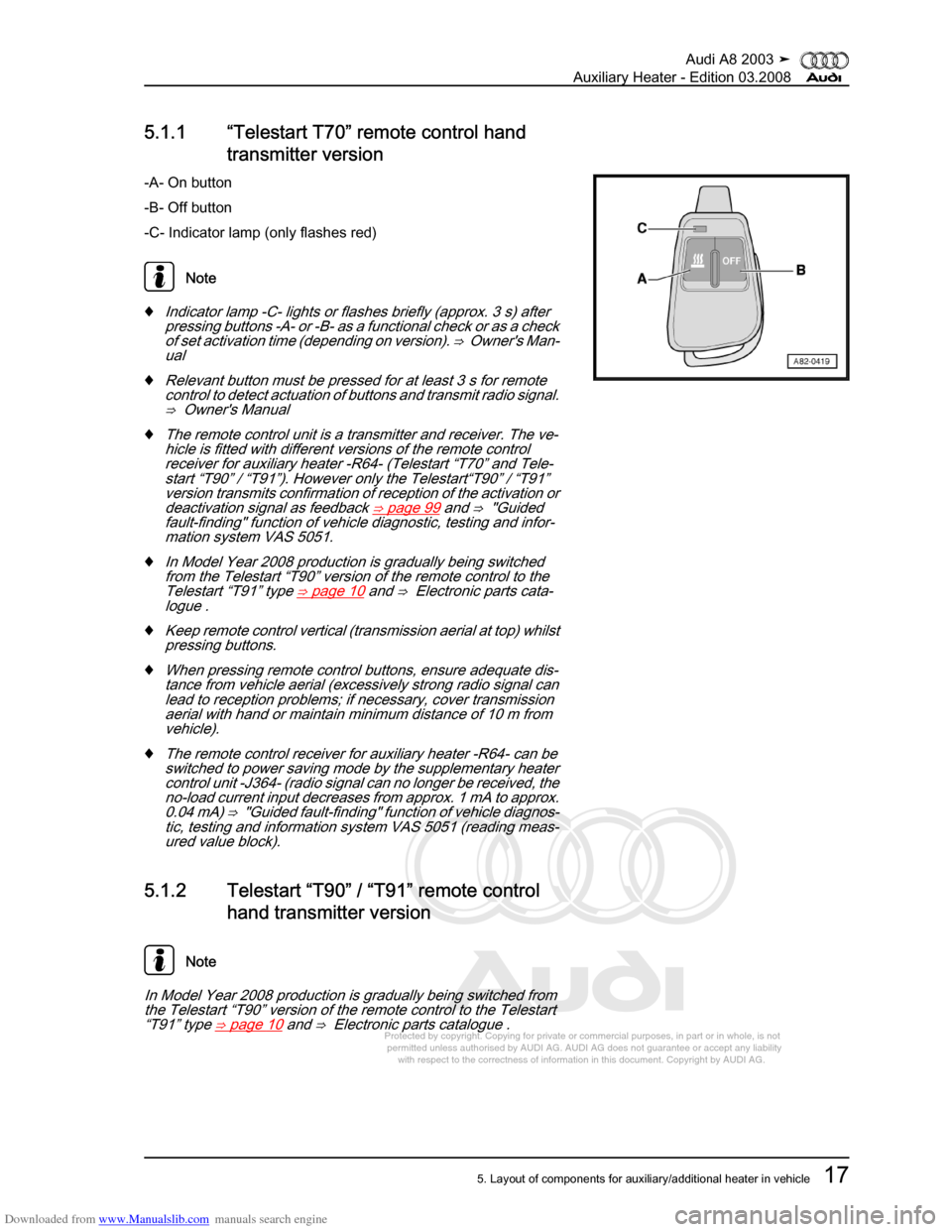 AUDI A8 2003 D3 / 2.G Auxiliary Heater Workshop Manual Downloaded from www.Manualslib.com manuals search engine 
Protected by copyright. Copying for private or commercial purposes, in p\
art or in whole, is not 
 permitted unless authorised by AUDI AG. AU