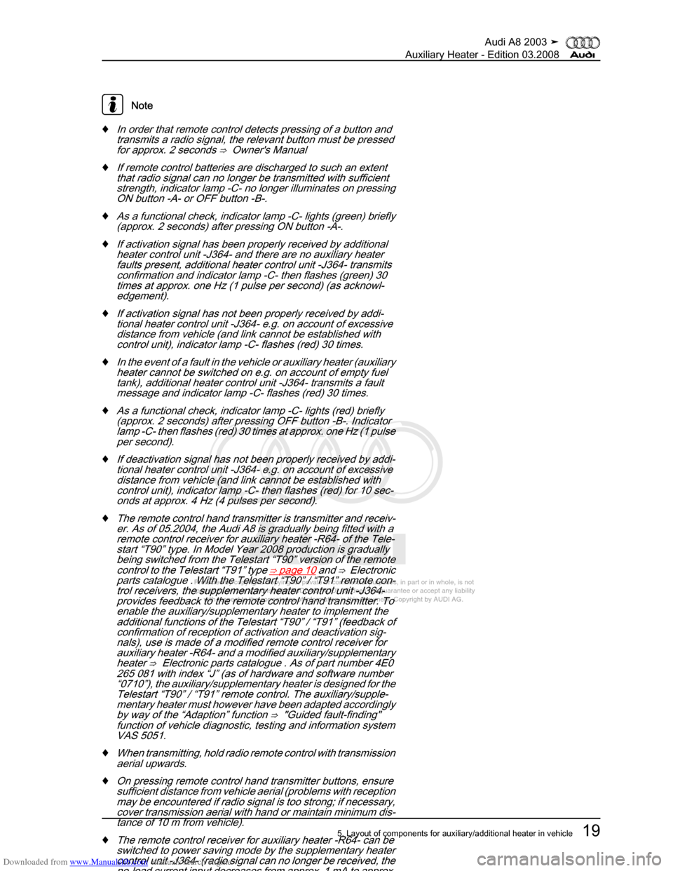 AUDI A8 2003 D3 / 2.G Auxiliary Heater Workshop Manual Downloaded from www.Manualslib.com manuals search engine 
Protected by copyright. Copying for private or commercial purposes, in p\
art or in whole, is not 
 permitted unless authorised by AUDI AG. AU