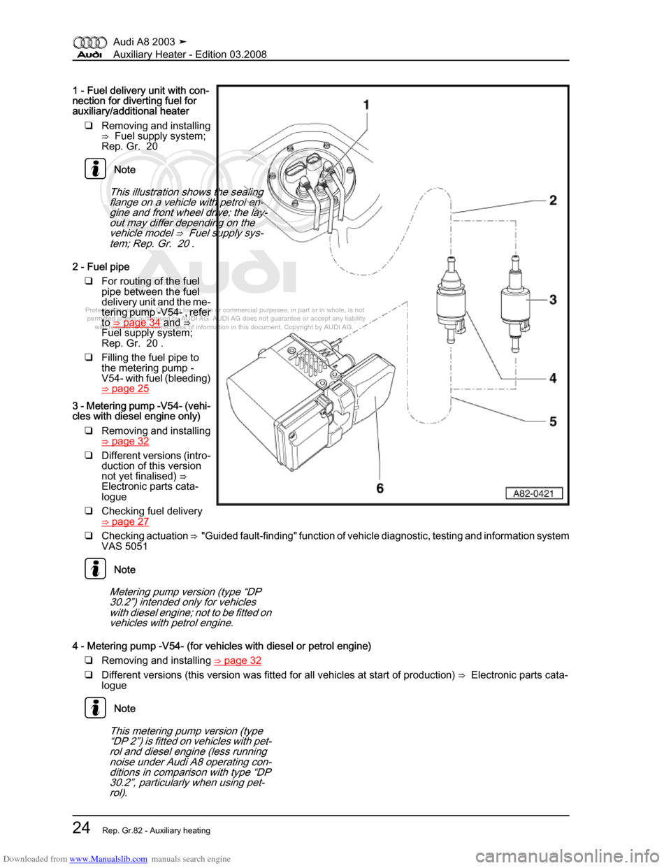 AUDI A8 2003 D3 / 2.G Auxiliary Heater Workshop Manual Downloaded from www.Manualslib.com manuals search engine 
Protected by copyright. Copying for private or commercial purposes, in p\
art or in whole, is not 
 permitted unless authorised by AUDI AG. AU