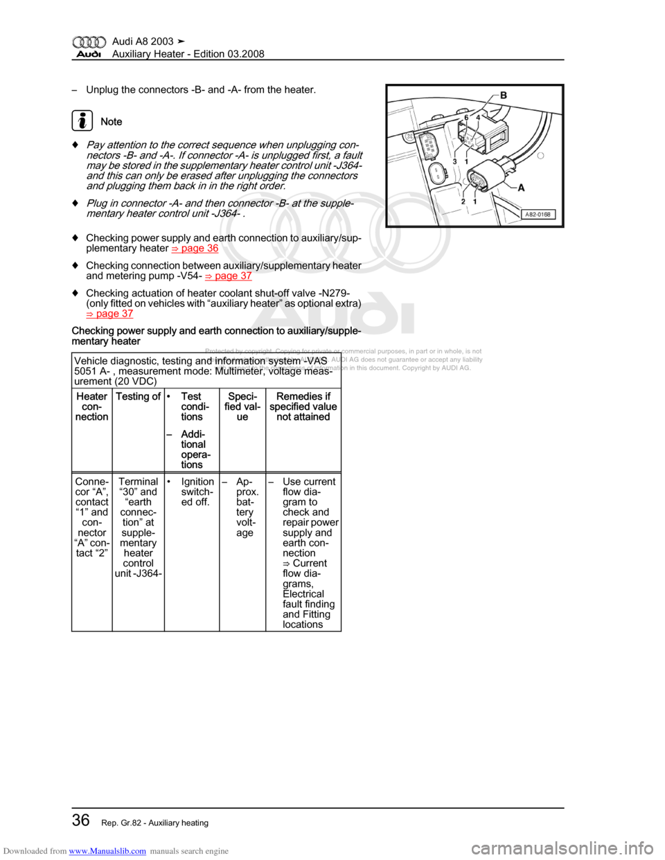 AUDI A8 2003 D3 / 2.G Auxiliary Heater Workshop Manual Downloaded from www.Manualslib.com manuals search engine 
Protected by copyright. Copying for private or commercial purposes, in p\
art or in whole, is not 
 permitted unless authorised by AUDI AG. AU