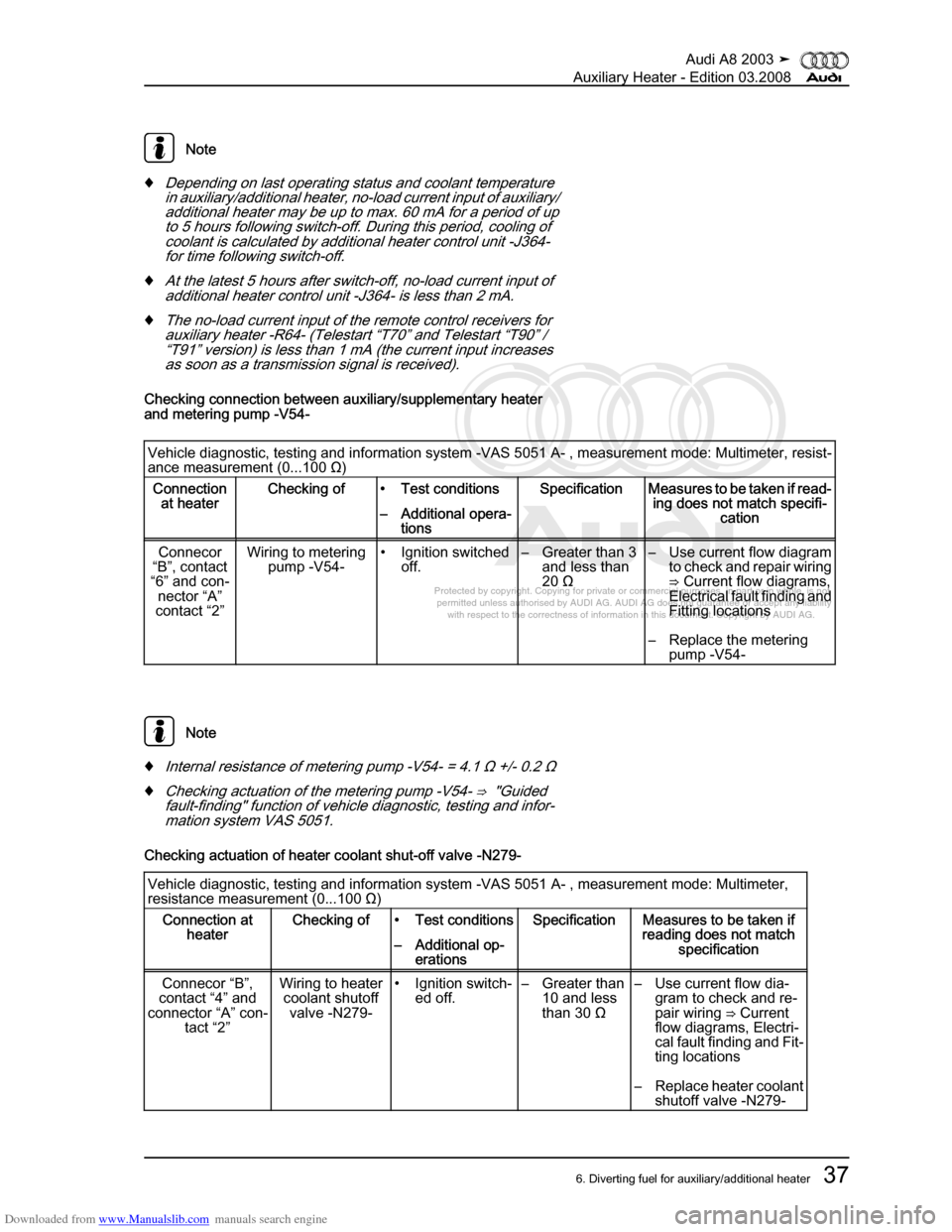 AUDI A8 2003 D3 / 2.G Auxiliary Heater Workshop Manual Downloaded from www.Manualslib.com manuals search engine 
Protected by copyright. Copying for private or commercial purposes, in p\
art or in whole, is not 
 permitted unless authorised by AUDI AG. AU