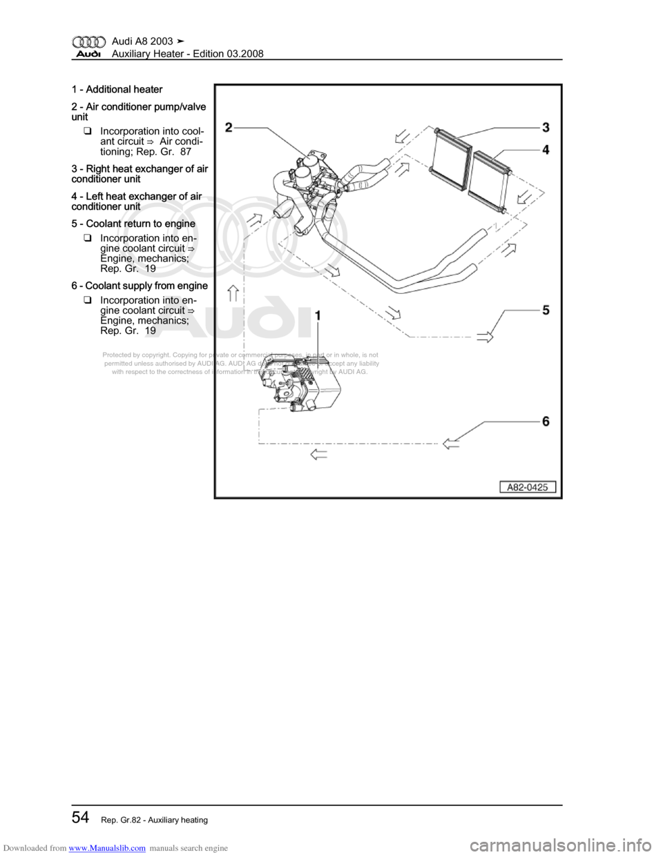 AUDI A8 2003 D3 / 2.G Auxiliary Heater Workshop Manual Downloaded from www.Manualslib.com manuals search engine 
Protected by copyright. Copying for private or commercial purposes, in p\
art or in whole, is not 
 permitted unless authorised by AUDI AG. AU