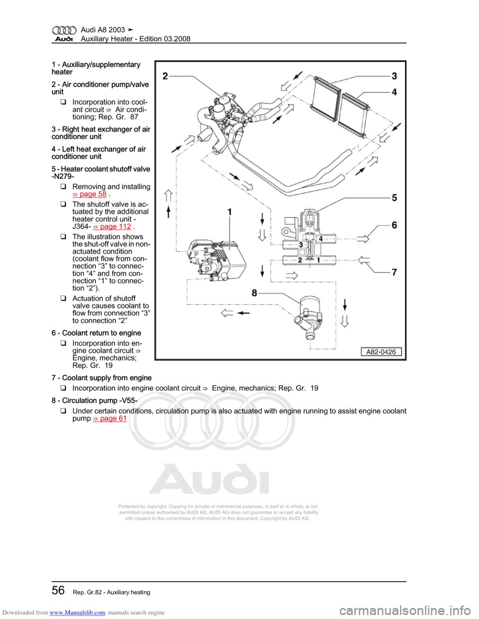 AUDI A8 2003 D3 / 2.G Auxiliary Heater Workshop Manual Downloaded from www.Manualslib.com manuals search engine 
Protected by copyright. Copying for private or commercial purposes, in p\
art or in whole, is not 
 permitted unless authorised by AUDI AG. AU
