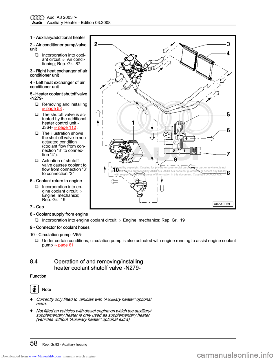 AUDI A8 2003 D3 / 2.G Auxiliary Heater Workshop Manual Downloaded from www.Manualslib.com manuals search engine 
Protected by copyright. Copying for private or commercial purposes, in p\
art or in whole, is not 
 permitted unless authorised by AUDI AG. AU