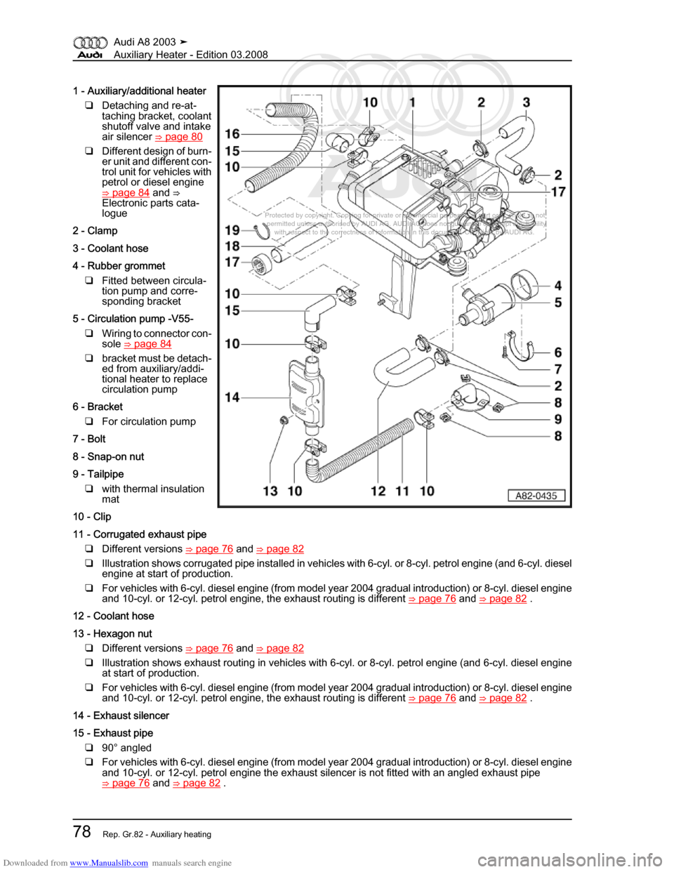 AUDI A8 2003 D3 / 2.G Auxiliary Heater Workshop Manual Downloaded from www.Manualslib.com manuals search engine 
Protected by copyright. Copying for private or commercial purposes, in p\
art or in whole, is not 
 permitted unless authorised by AUDI AG. AU