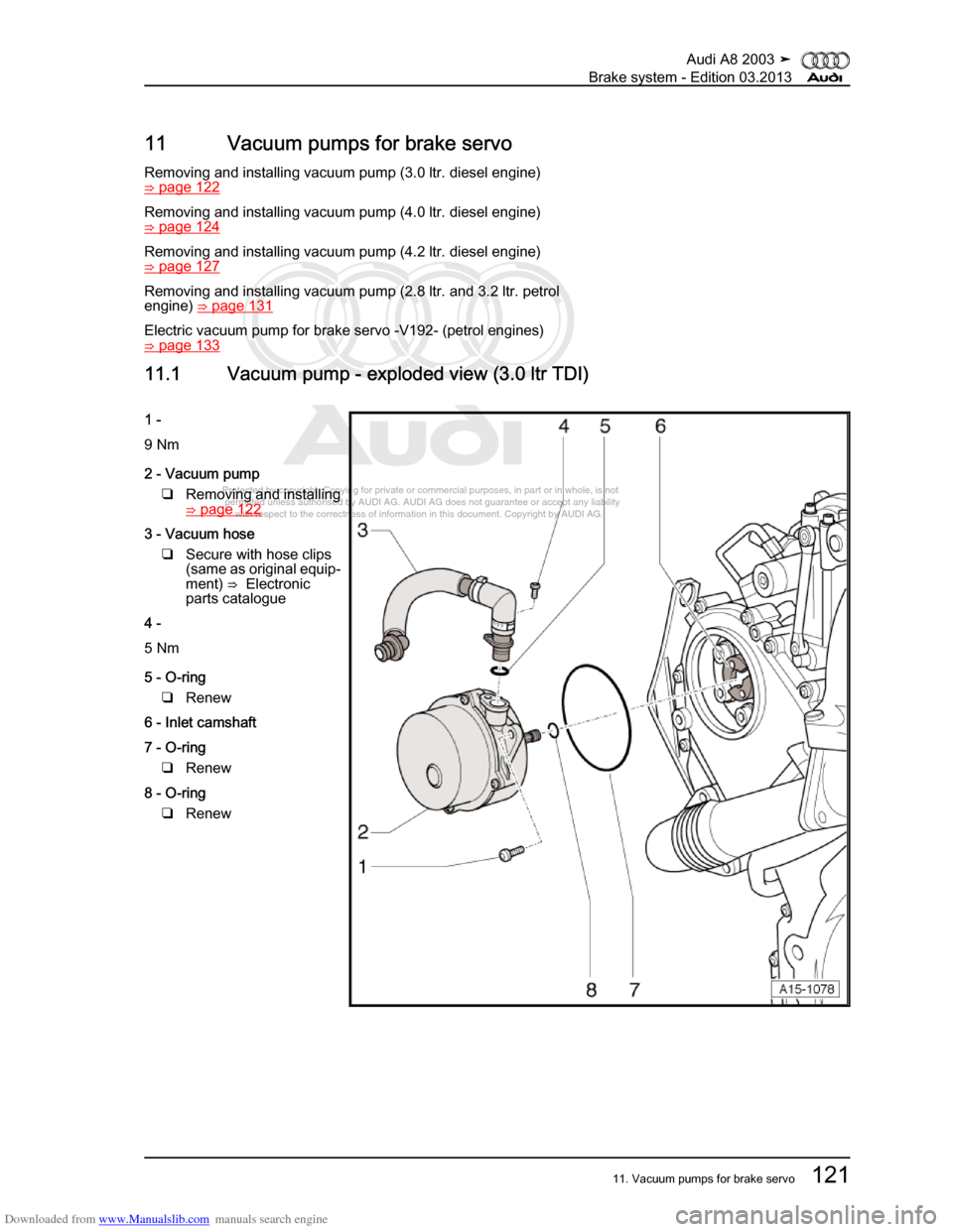 AUDI A8 2003 D3 / 2.G Brake System Workshop Manual Downloaded from www.Manualslib.com manuals search engine 
Protected by copyright. Copying for private or commercial purposes, in p\
art or in whole, is not 
 permitted unless authorised by AUDI AG. AU