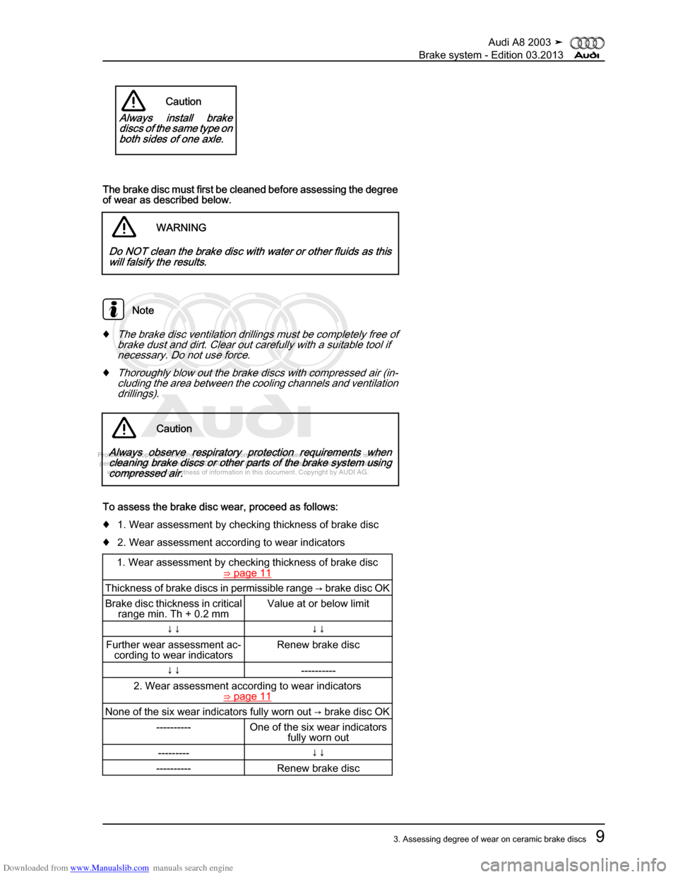 AUDI A8 2003 D3 / 2.G Brake System Workshop Manual Downloaded from www.Manualslib.com manuals search engine 
Protected by copyright. Copying for private or commercial purposes, in p\
art or in whole, is not 
 permitted unless authorised by AUDI AG. AU