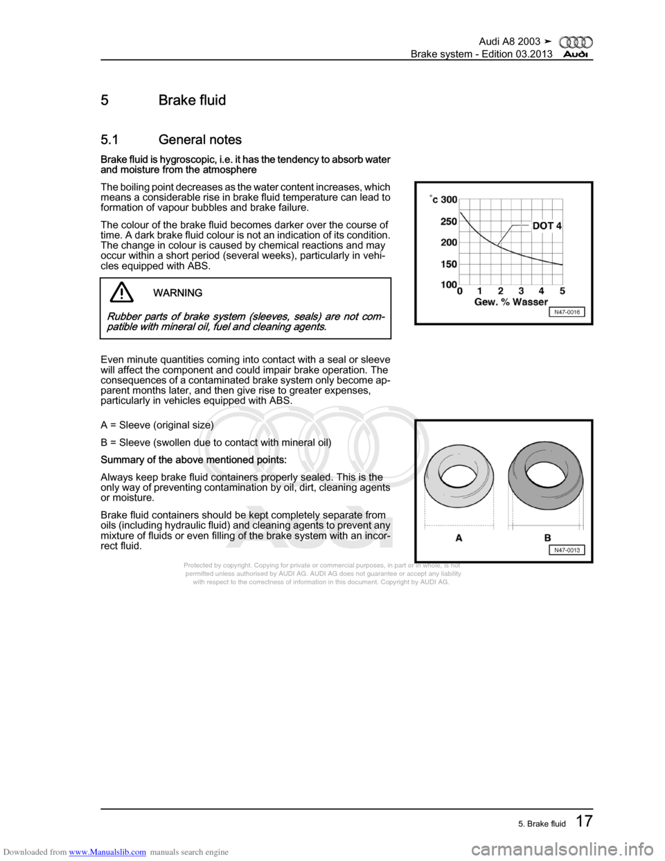 AUDI A8 2003 D3 / 2.G Brake System Workshop Manual Downloaded from www.Manualslib.com manuals search engine 
Protected by copyright. Copying for private or commercial purposes, in p\
art or in whole, is not 
 permitted unless authorised by AUDI AG. AU