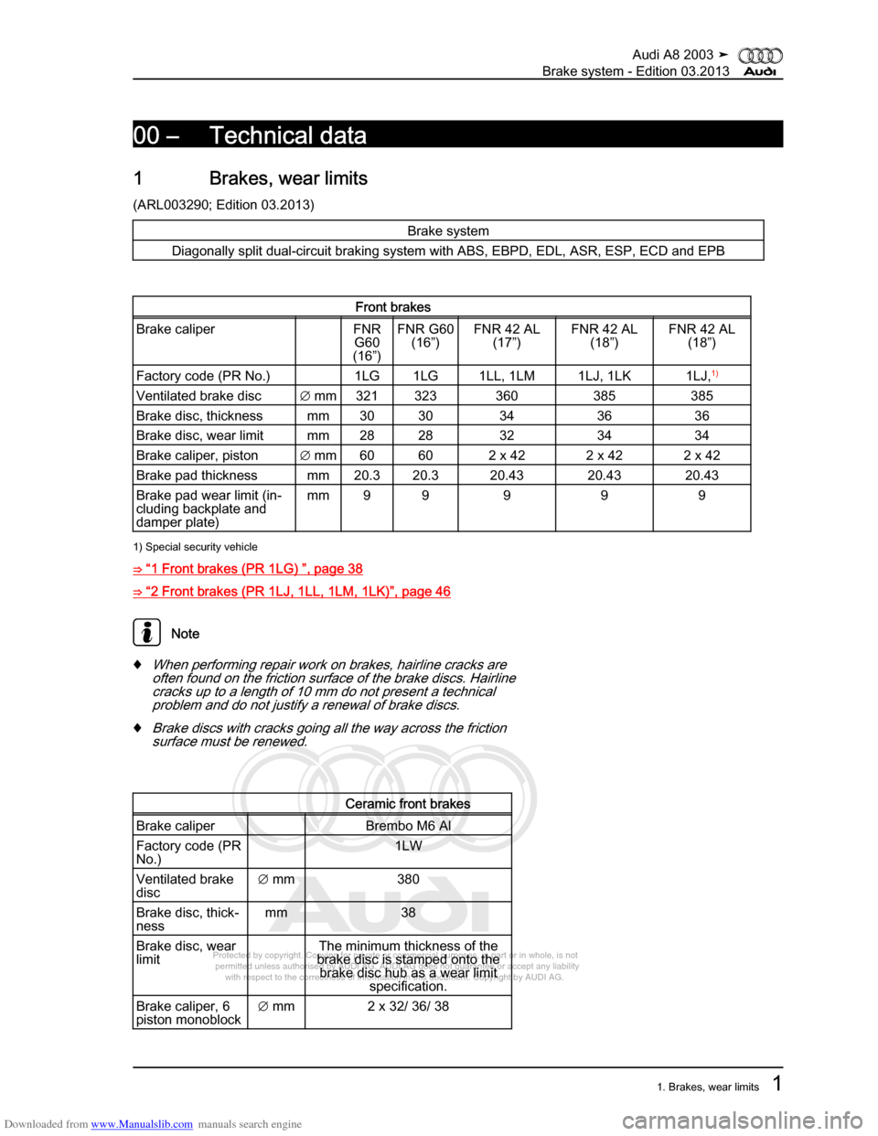 AUDI A8 2003 D3 / 2.G Brake System Workshop Manual Downloaded from www.Manualslib.com manuals search engine 
Protected by copyright. Copying for private or commercial purposes, in p\
art or in whole, is not 
 permitted unless authorised by AUDI AG. AU
