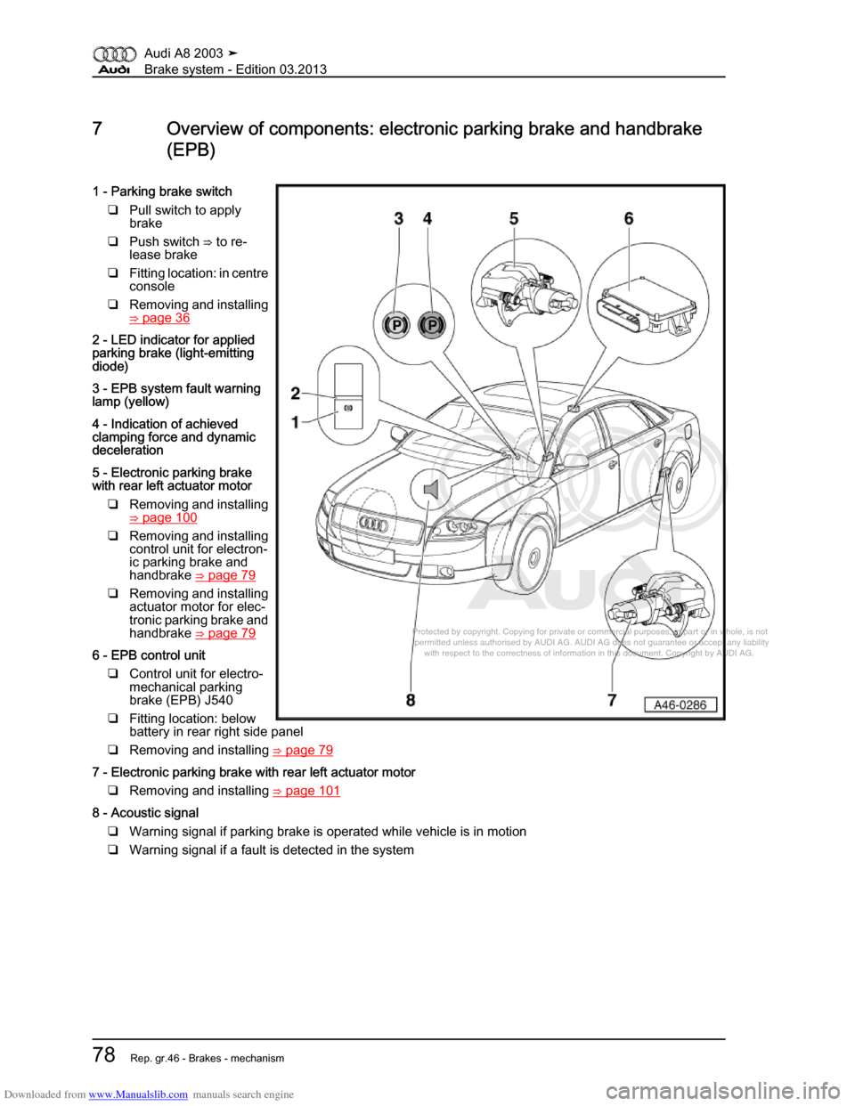 AUDI A8 2003 D3 / 2.G Brake System Workshop Manual Downloaded from www.Manualslib.com manuals search engine 
Protected by copyright. Copying for private or commercial purposes, in p\
art or in whole, is not 
 permitted unless authorised by AUDI AG. AU