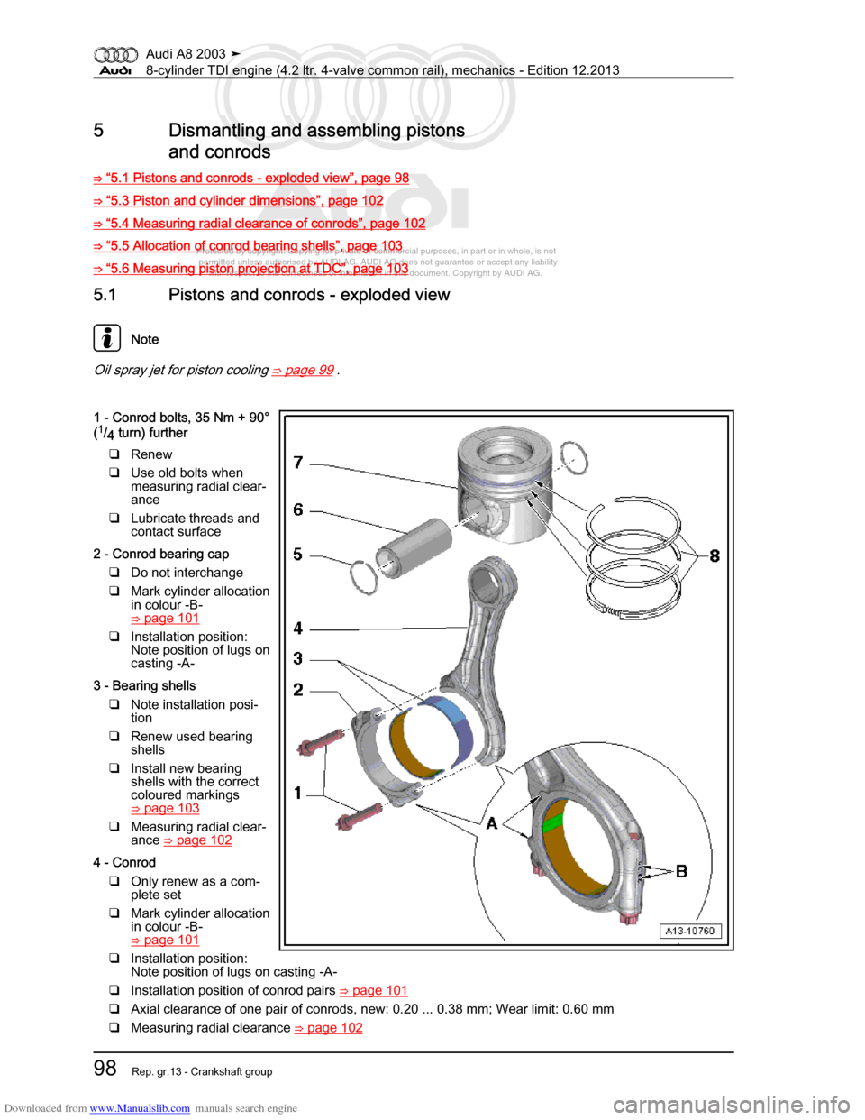 AUDI A8 2003 D3 / 2.G BVN BMC Engines Workshop Manual Downloaded from www.Manualslib.com manuals search engine 
Protected by copyright. Copying for private or commercial purposes, in p\
art or in whole, is not 
 permitted unless authorised by AUDI AG. AU
