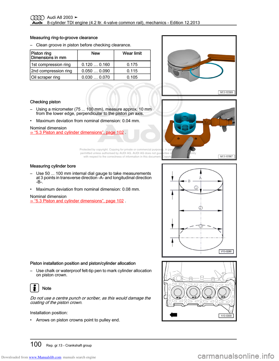 AUDI A8 2003 D3 / 2.G BVN BMC Engines Workshop Manual Downloaded from www.Manualslib.com manuals search engine 
Protected by copyright. Copying for private or commercial purposes, in p\
art or in whole, is not 
 permitted unless authorised by AUDI AG. AU