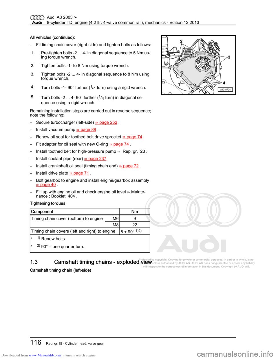 AUDI A8 2003 D3 / 2.G BVN BMC Engines Workshop Manual Downloaded from www.Manualslib.com manuals search engine 
Protected by copyright. Copying for private or commercial purposes, in p\
art or in whole, is not 
 permitted unless authorised by AUDI AG. AU