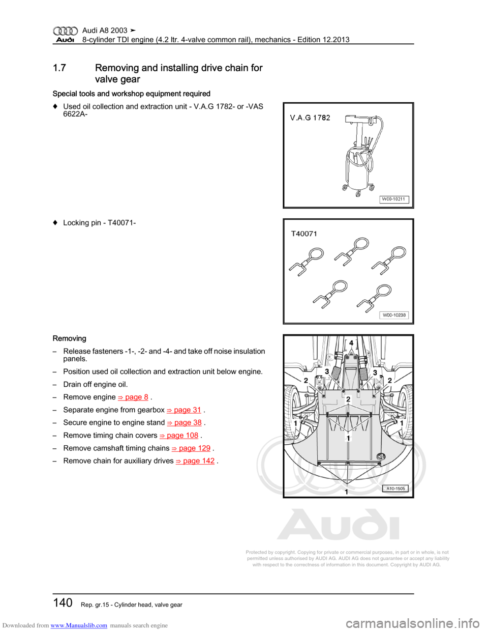 AUDI A8 2003 D3 / 2.G BVN BMC Engines Workshop Manual Downloaded from www.Manualslib.com manuals search engine 
Protected by copyright. Copying for private or commercial purposes, in p\
art or in whole, is not 
 permitted unless authorised by AUDI AG. AU