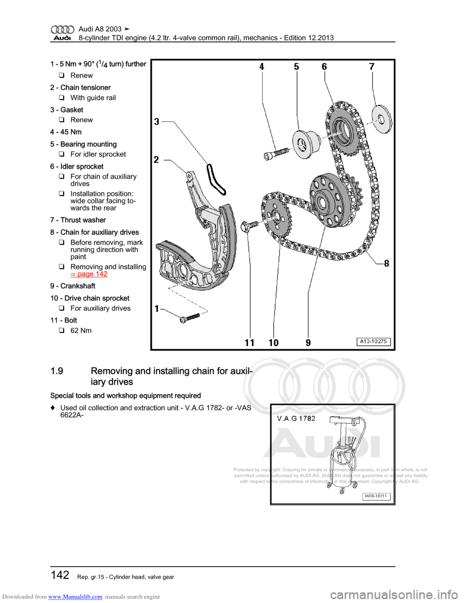 AUDI A8 2003 D3 / 2.G BVN BMC Engines Workshop Manual Downloaded from www.Manualslib.com manuals search engine 
Protected by copyright. Copying for private or commercial purposes, in p\
art or in whole, is not 
 permitted unless authorised by AUDI AG. AU