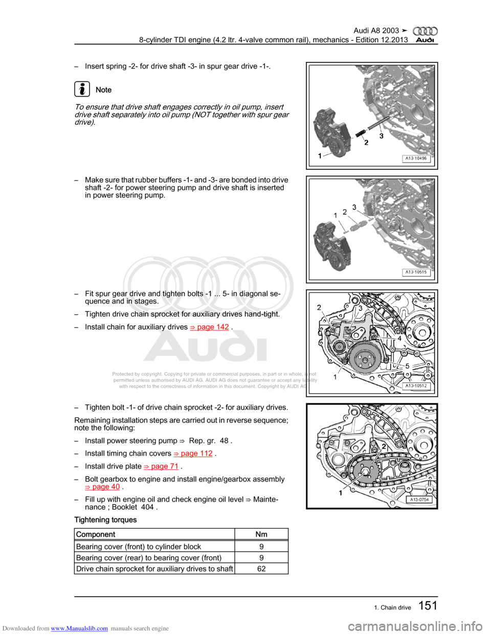 AUDI A8 2003 D3 / 2.G BVN BMC Engines Workshop Manual Downloaded from www.Manualslib.com manuals search engine 
Protected by copyright. Copying for private or commercial purposes, in p\
art or in whole, is not 
 permitted unless authorised by AUDI AG. AU
