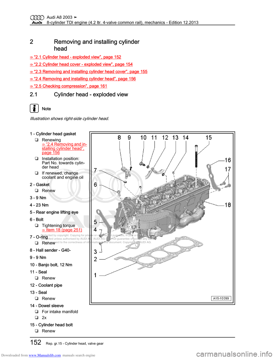 AUDI A8 2003 D3 / 2.G BVN BMC Engines Workshop Manual Downloaded from www.Manualslib.com manuals search engine 
Protected by copyright. Copying for private or commercial purposes, in p\
art or in whole, is not 
 permitted unless authorised by AUDI AG. AU